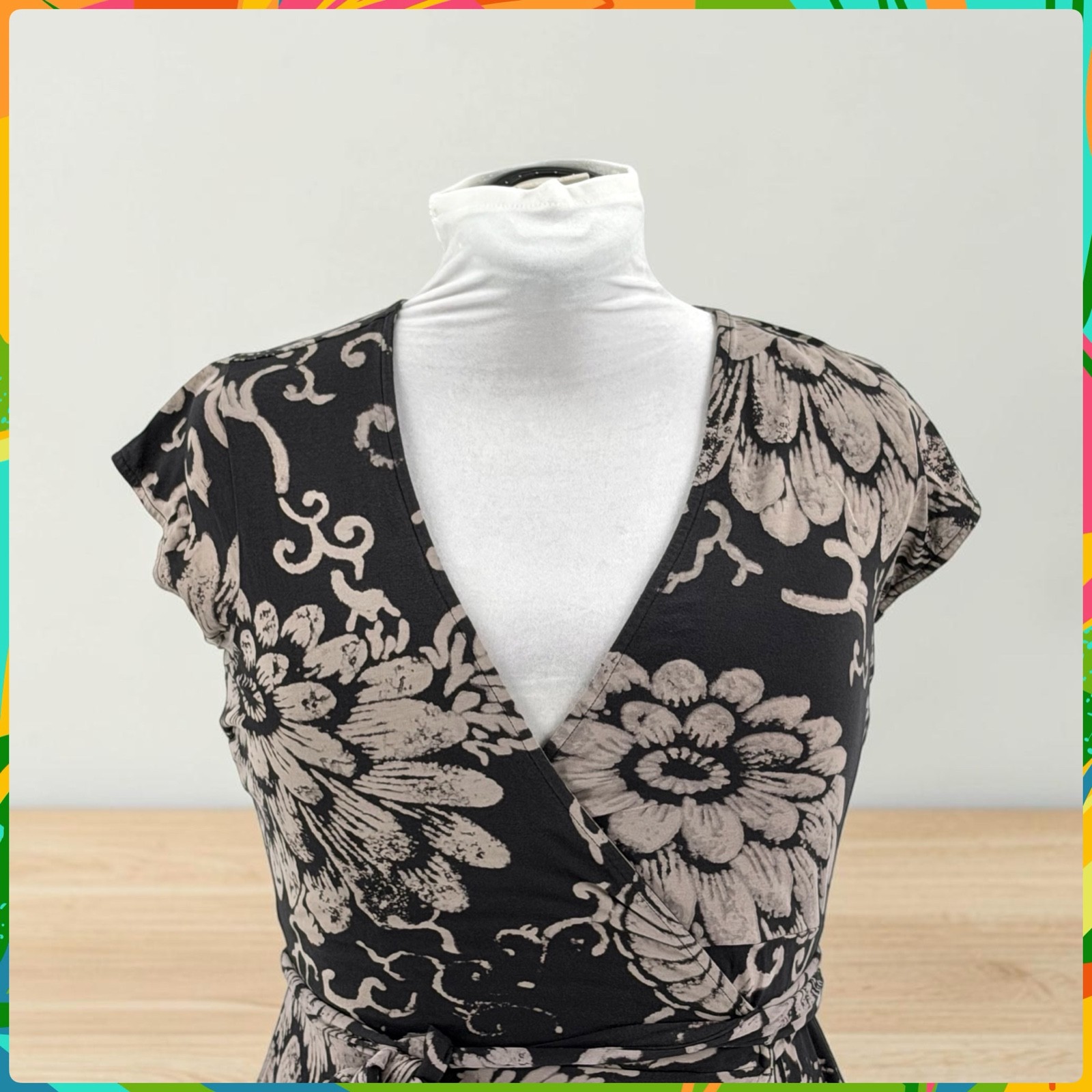 LUCKY BRAND Black Beige Floral Cap Sleeve Jersey Wrap Dress with Tie Belt Size M