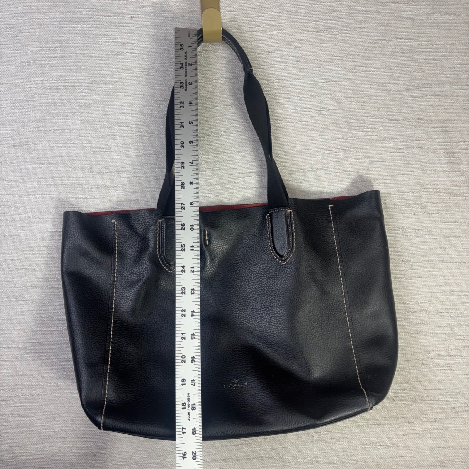 Coach Derby Tote Black Pebbled Leather Red Interior Handbag 58660