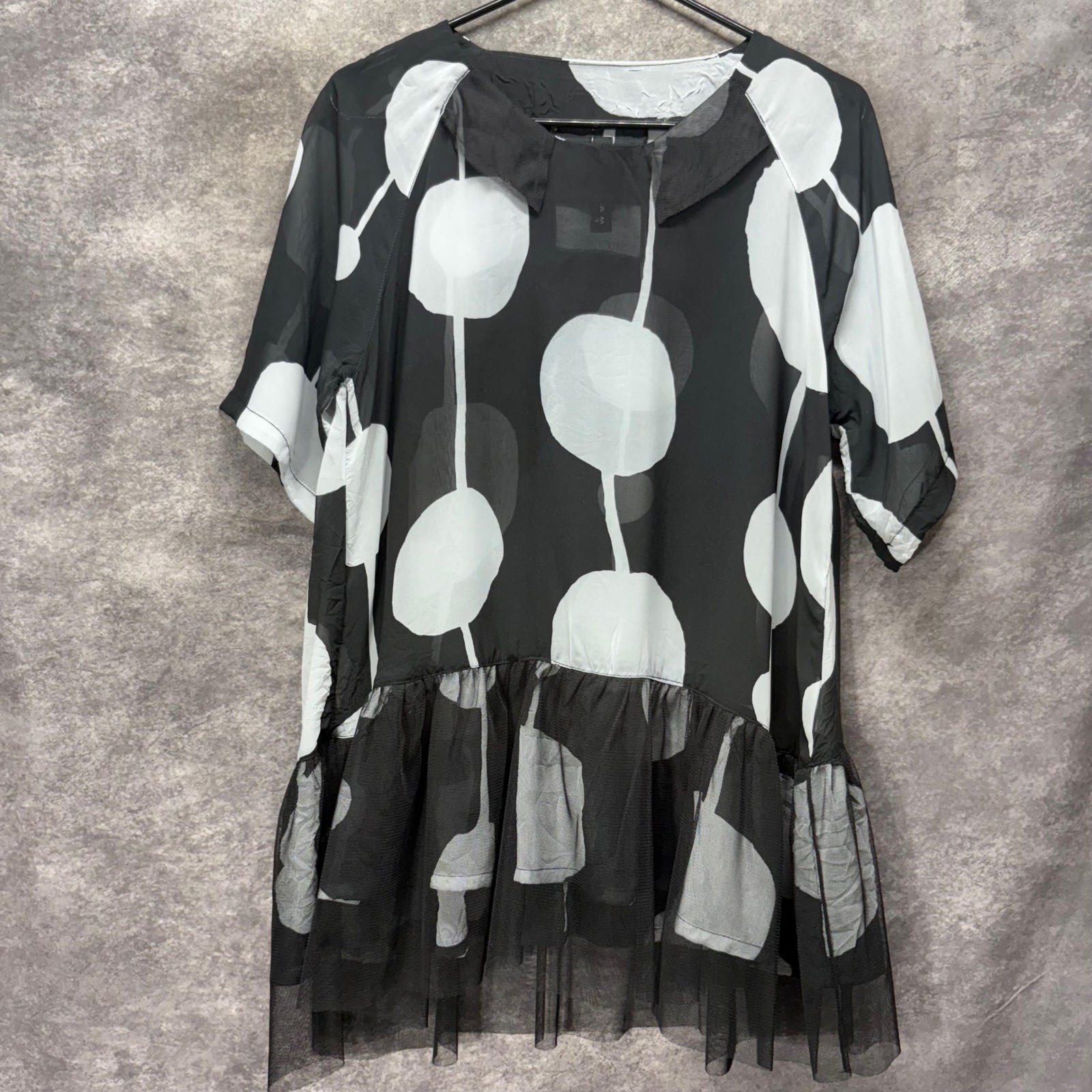 Gershon Bram Black White Polka Dot Mesh Peplum Top Womens S Sheer Artsy Ruffle