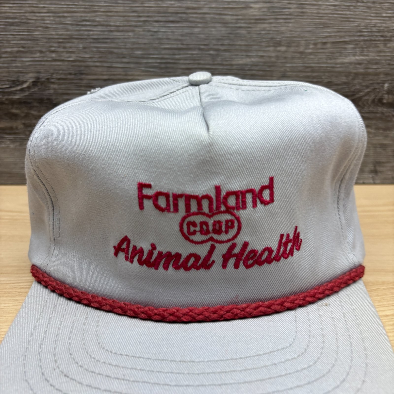 Vintage Farmland COOP Hat Cap Strap Back Gray Red Rope Animal Health Advertising