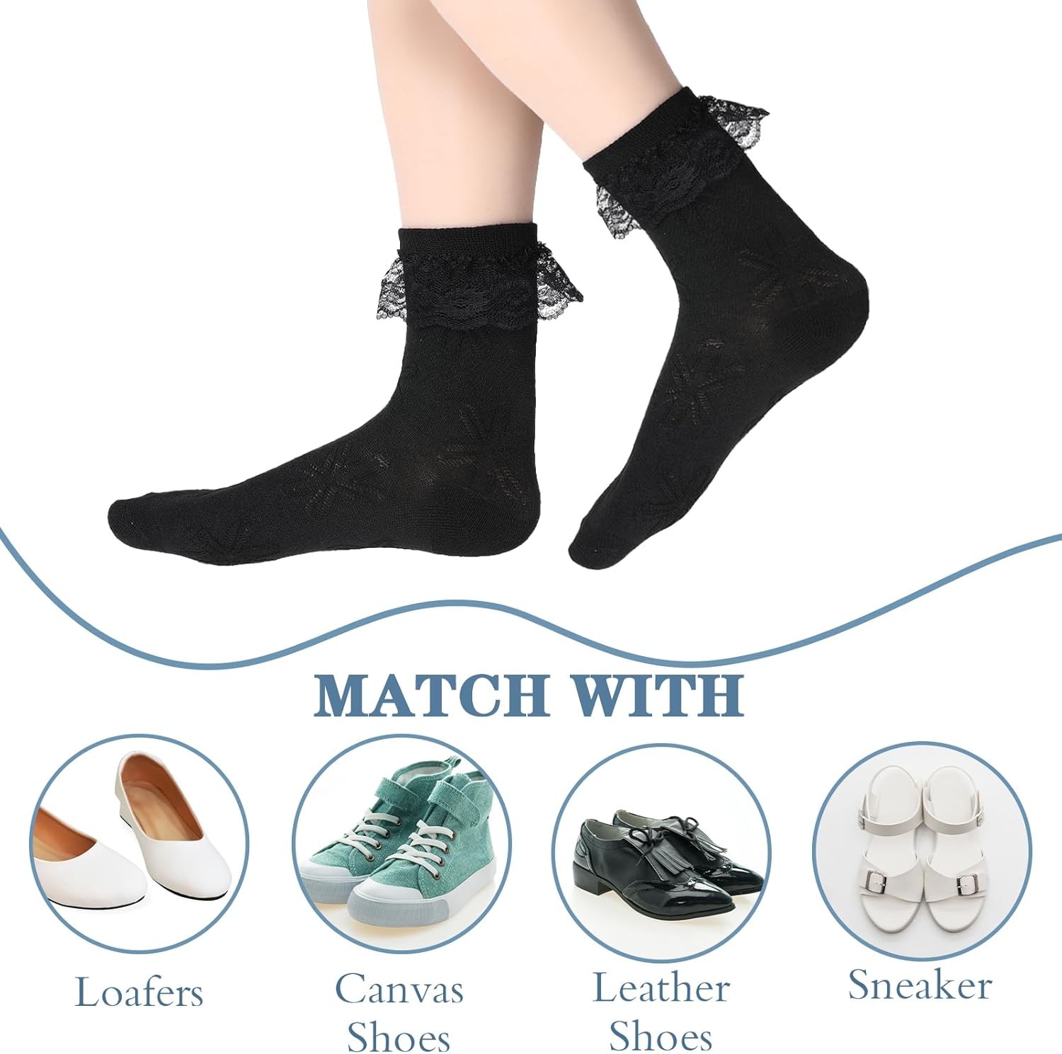 2pairs White Ruffle Socks for Women Turn-Cuff Lace Frilly Ankle Comfortable
