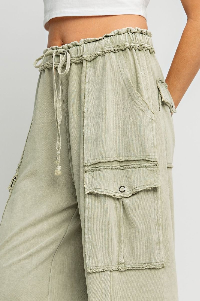 Easel Womens Utility Mineral Washed Wide Leg Terry Knit Cargo Pant- Faded Olive