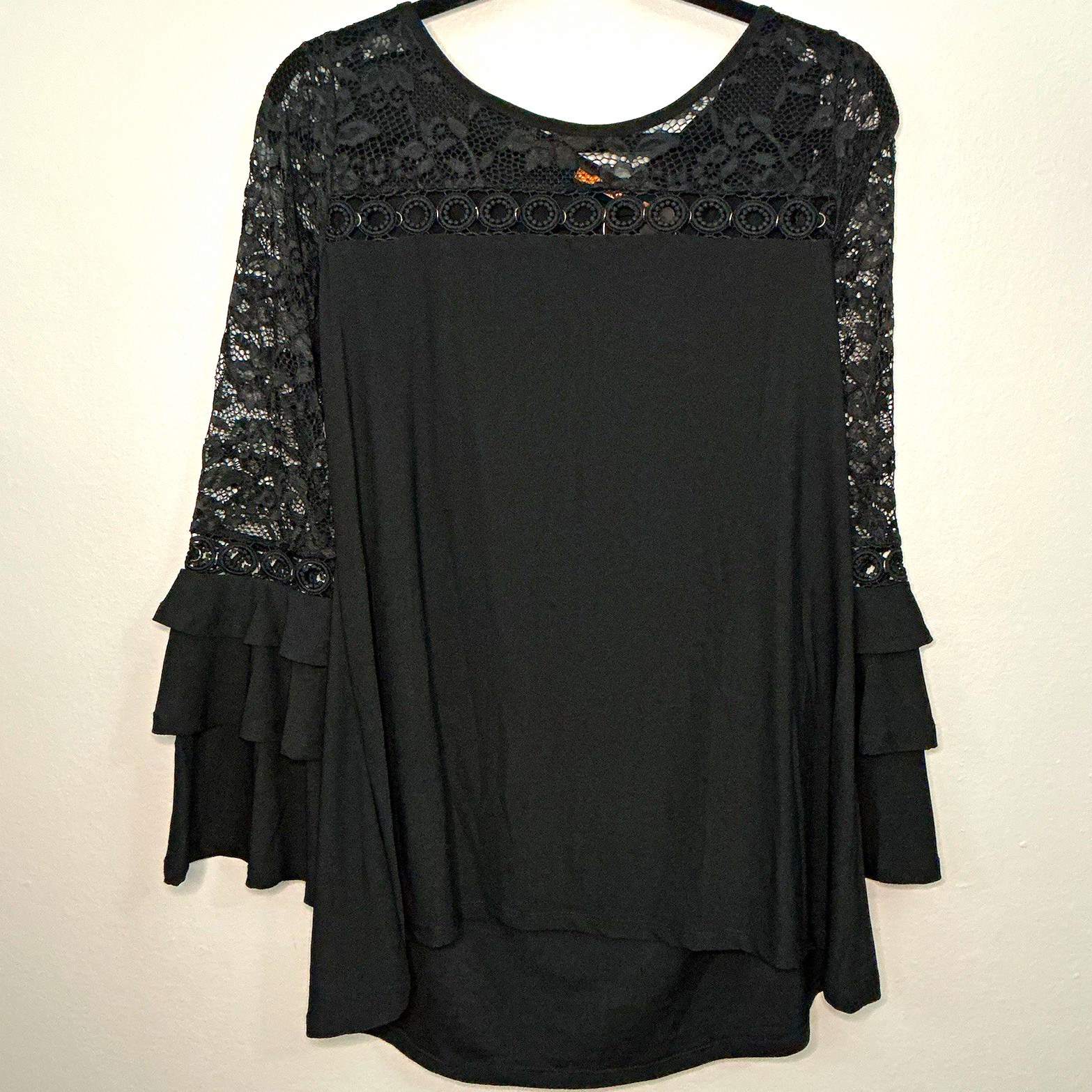 NWT Bellini Women’s M Black Solid Scoop Neck Lace Yoke Ruffle Bell Sleeve Blouse