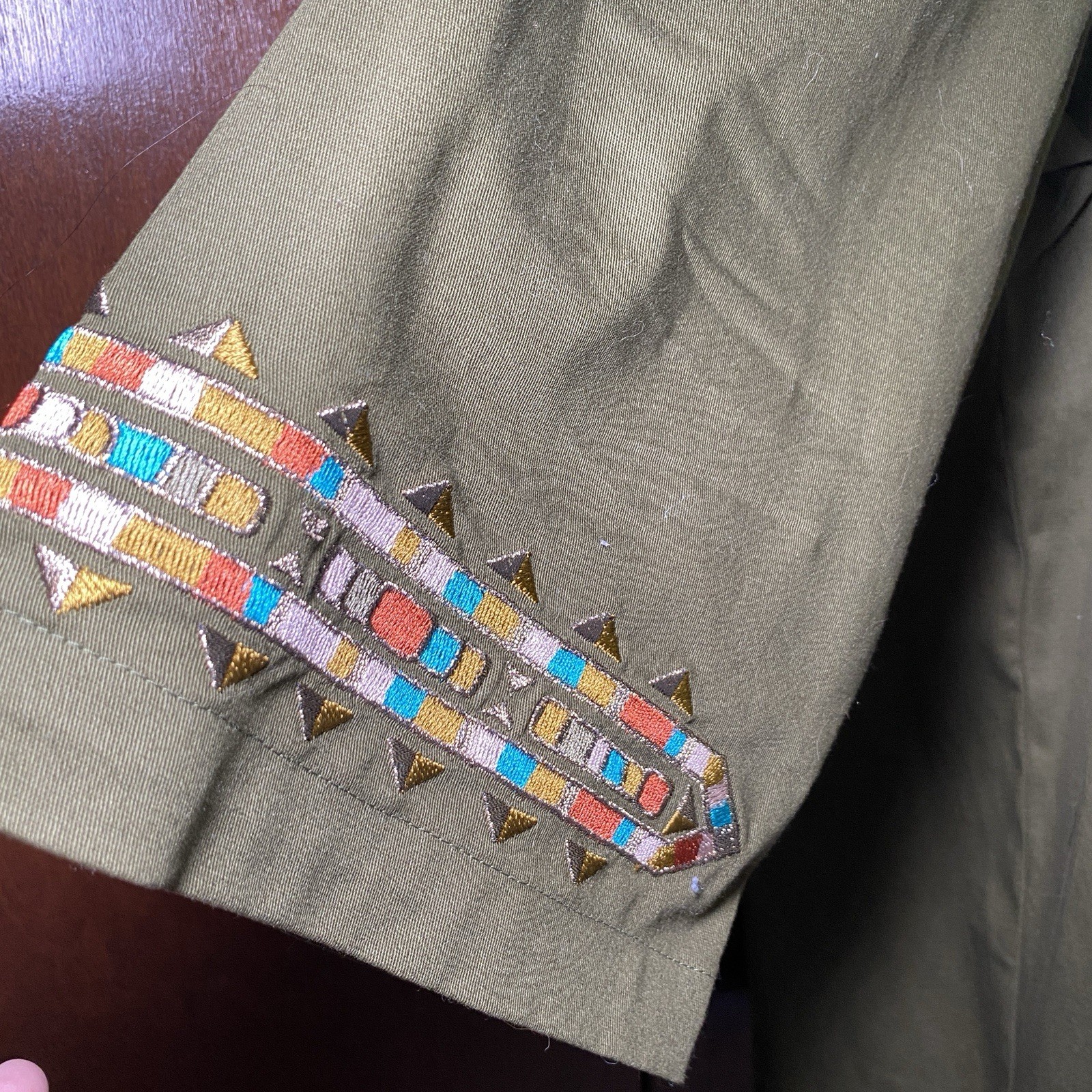 Bob Mackie Wearable Art Embroidered Southwestern Aztec Cotton Green Top 2X