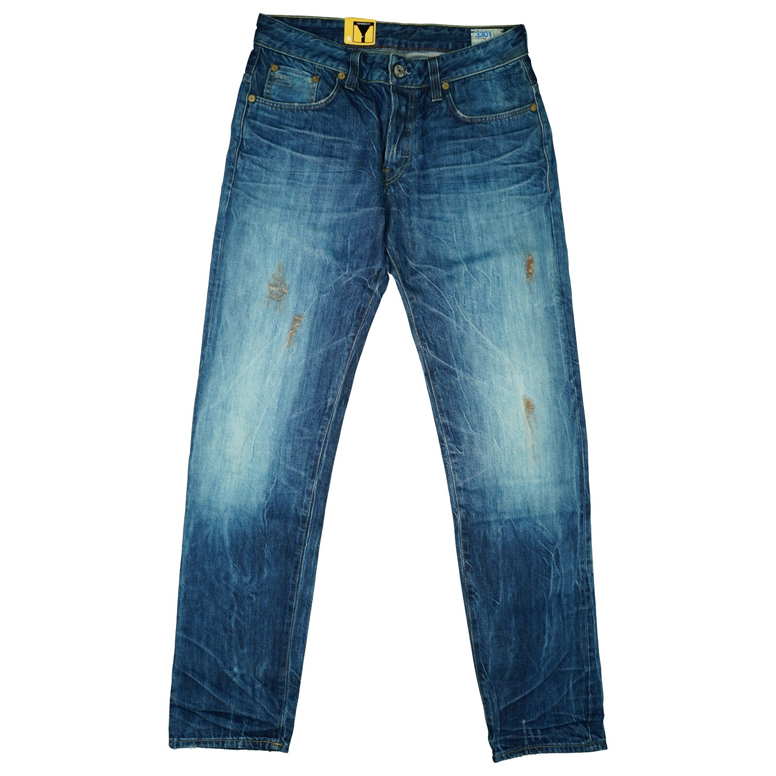 G-Star 3301 Low Tapered RL Mens Jeans Trousers Destroyed Slim 50 W33 L32 Blue NEW