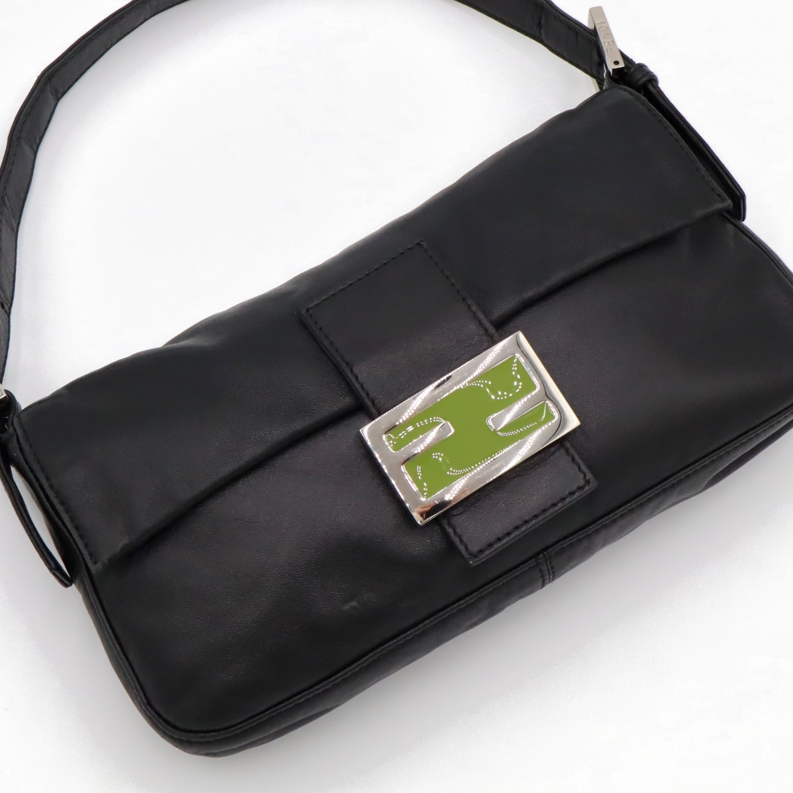 Fendi Vintage Baguette Bag – Black Nappa Leather Green FF Clasp Early 2000s