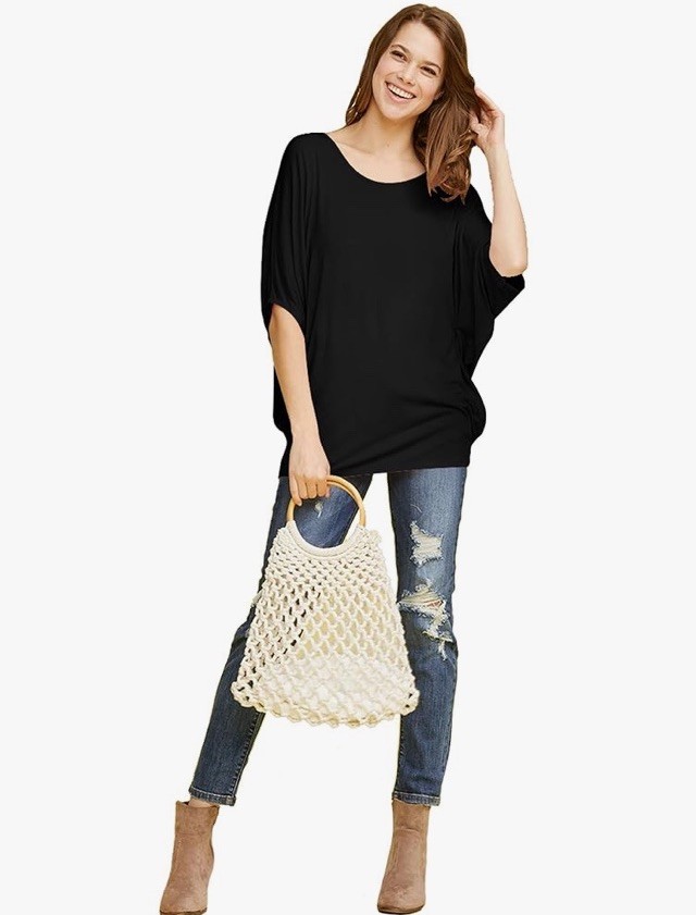 Made by Johnny Women’s Scoop Neck Half Sleeve Batwing Dolman Rayon Top Black Med
