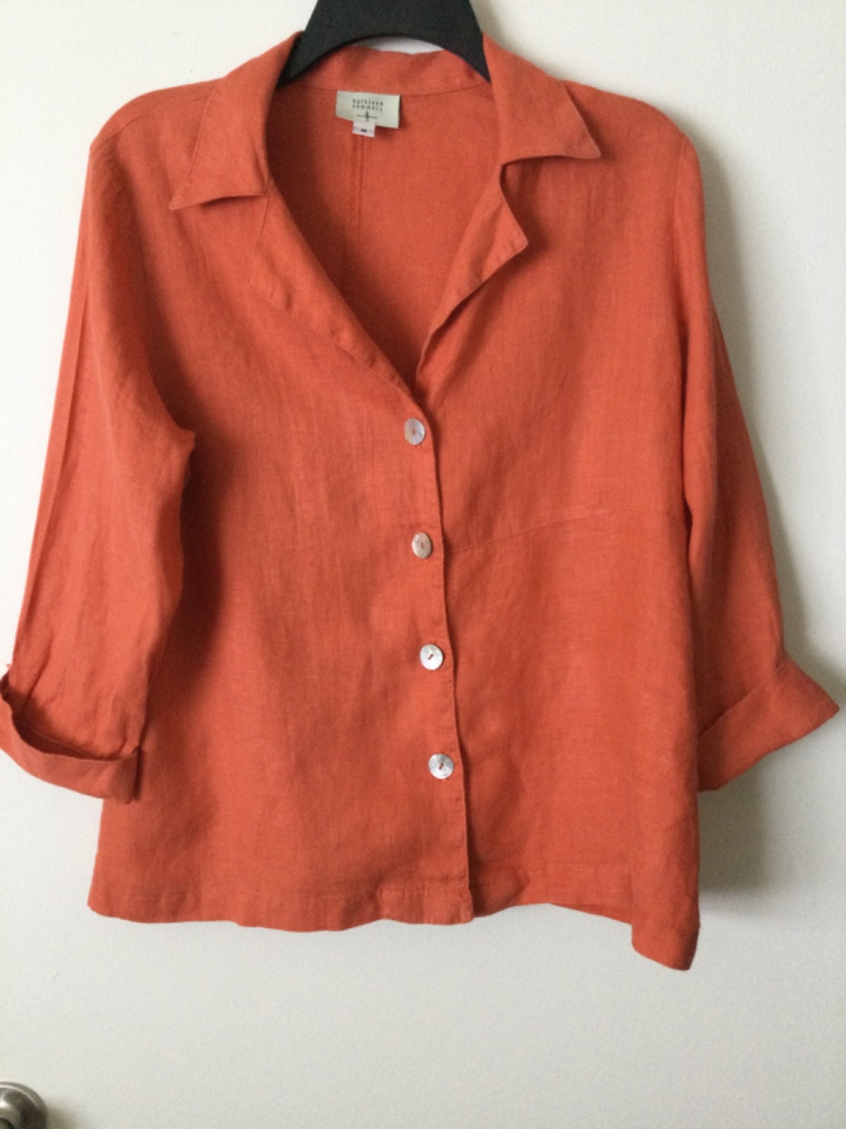 Kathleen Sommers Linen Jacket Shirt Top Women M Orange Button-up Front 3/4 Slv.