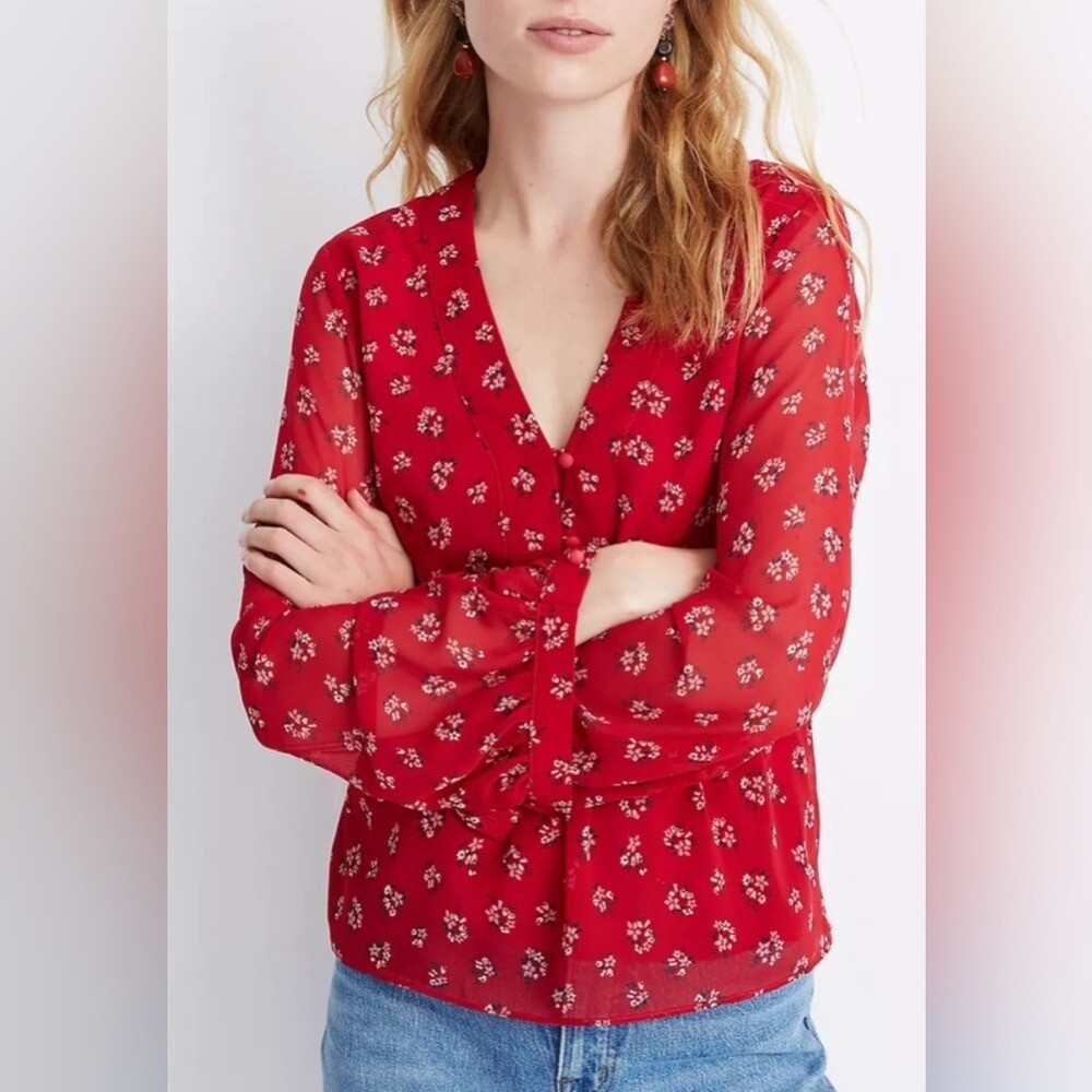Madewell Floral Peplum V-Neck Top in Red – XS