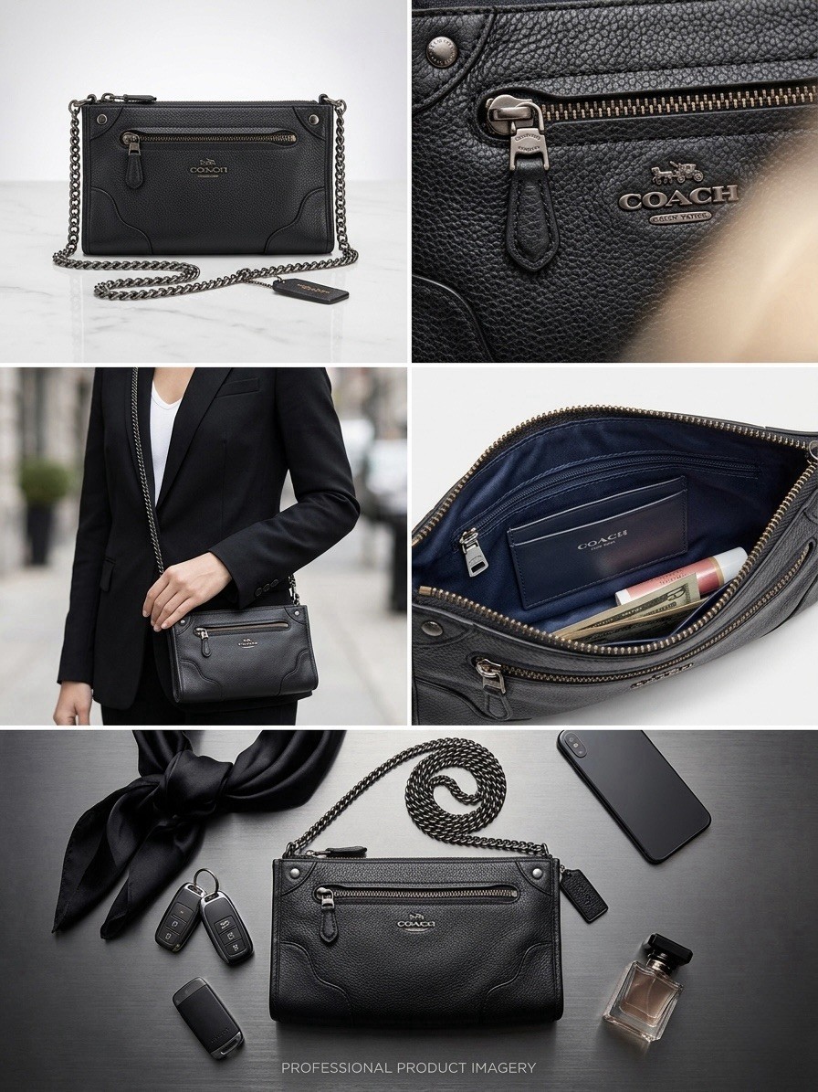 Coach Black Pebbled Crossbody Bag, Zip Closure, Chain Strap, Pockets, Detachable