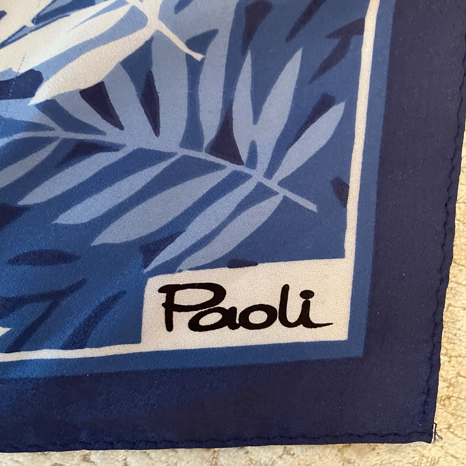 VTG Paoli Square Neck Scarf Blue White Yellow Fern Leaf Preppy Nautical 26.5in