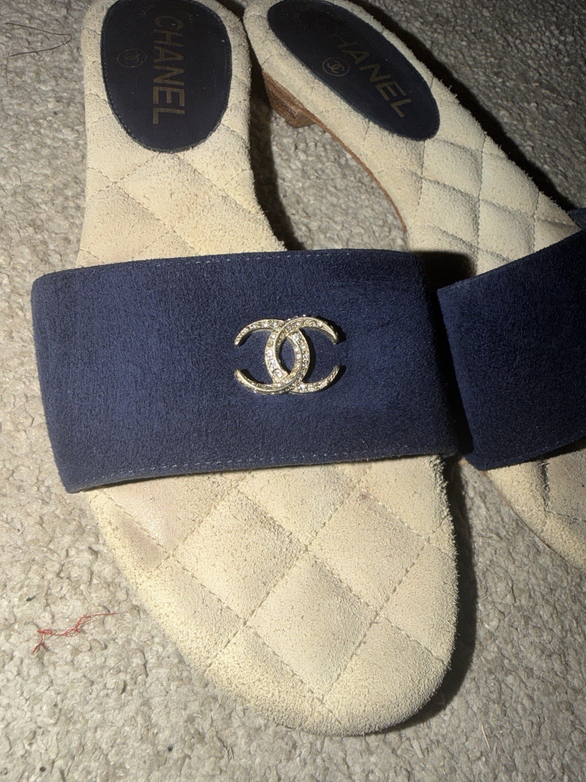 Chanel Blue Suede Slip On Sandals With Crystal and Gold CC’s