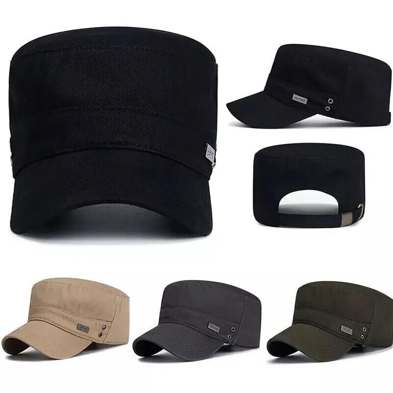 Army, Military Flat Cadet Top Hat, Cotton Military Washed Adjustable Cap