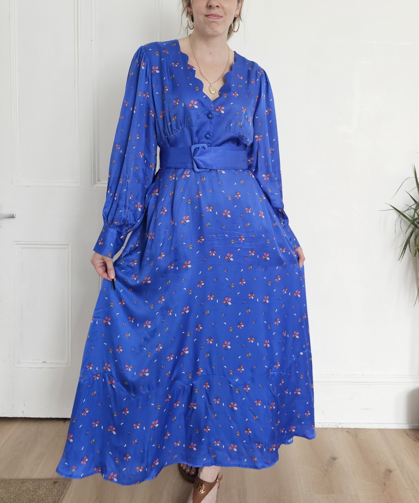 Olivia Rubin Katya Blue Ditsy Floral Silk Mix Satin Print Midi Dress UK 18