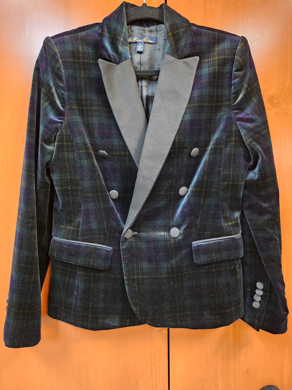BROOKS BROTHERS Women’s 8 VELVET TUXEDO JACKET Plaid DoubleBreast Green & Black