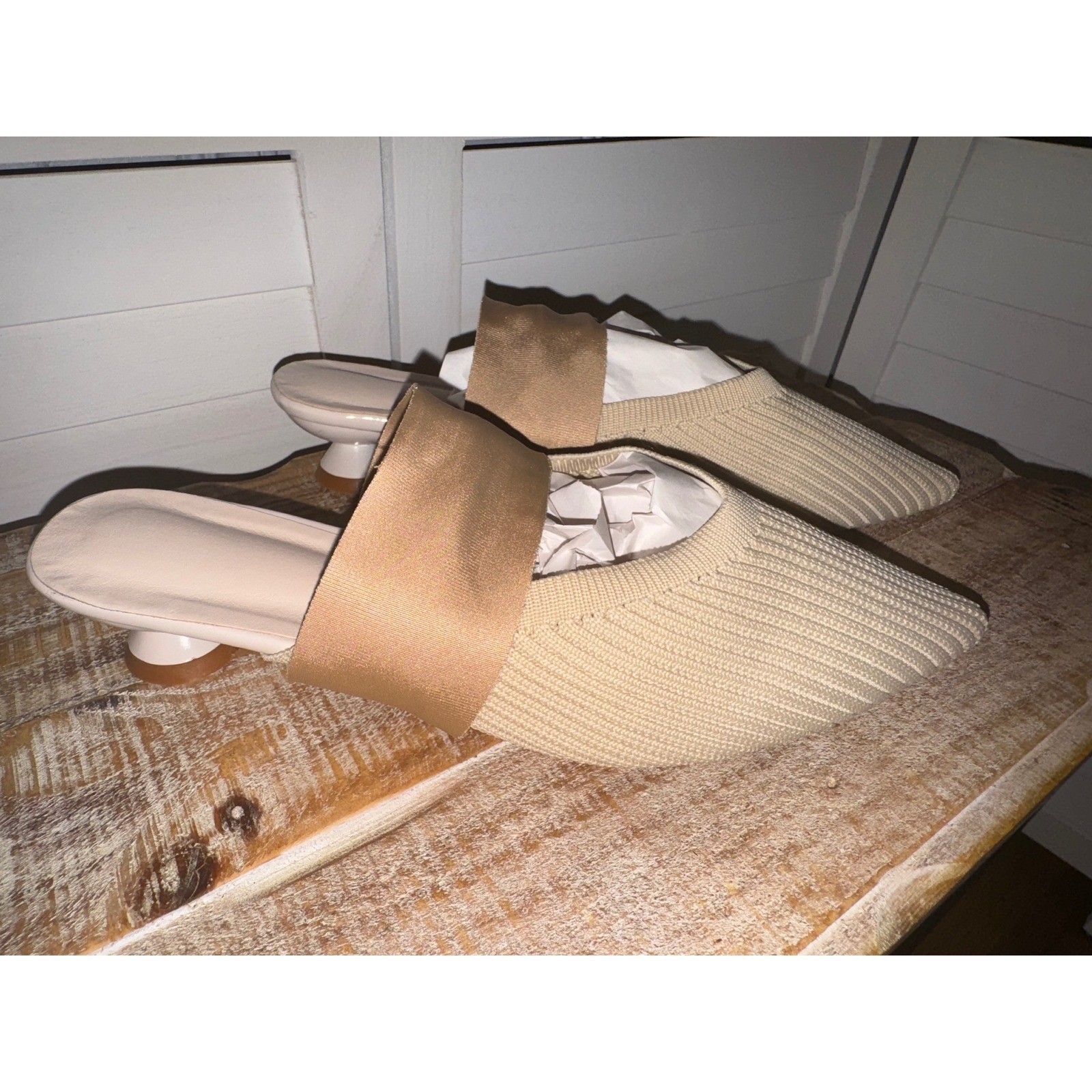 Womens Pointed Toe Knit Mules Heeled Slip On Slides Summer Beige Size 39 (8.5)