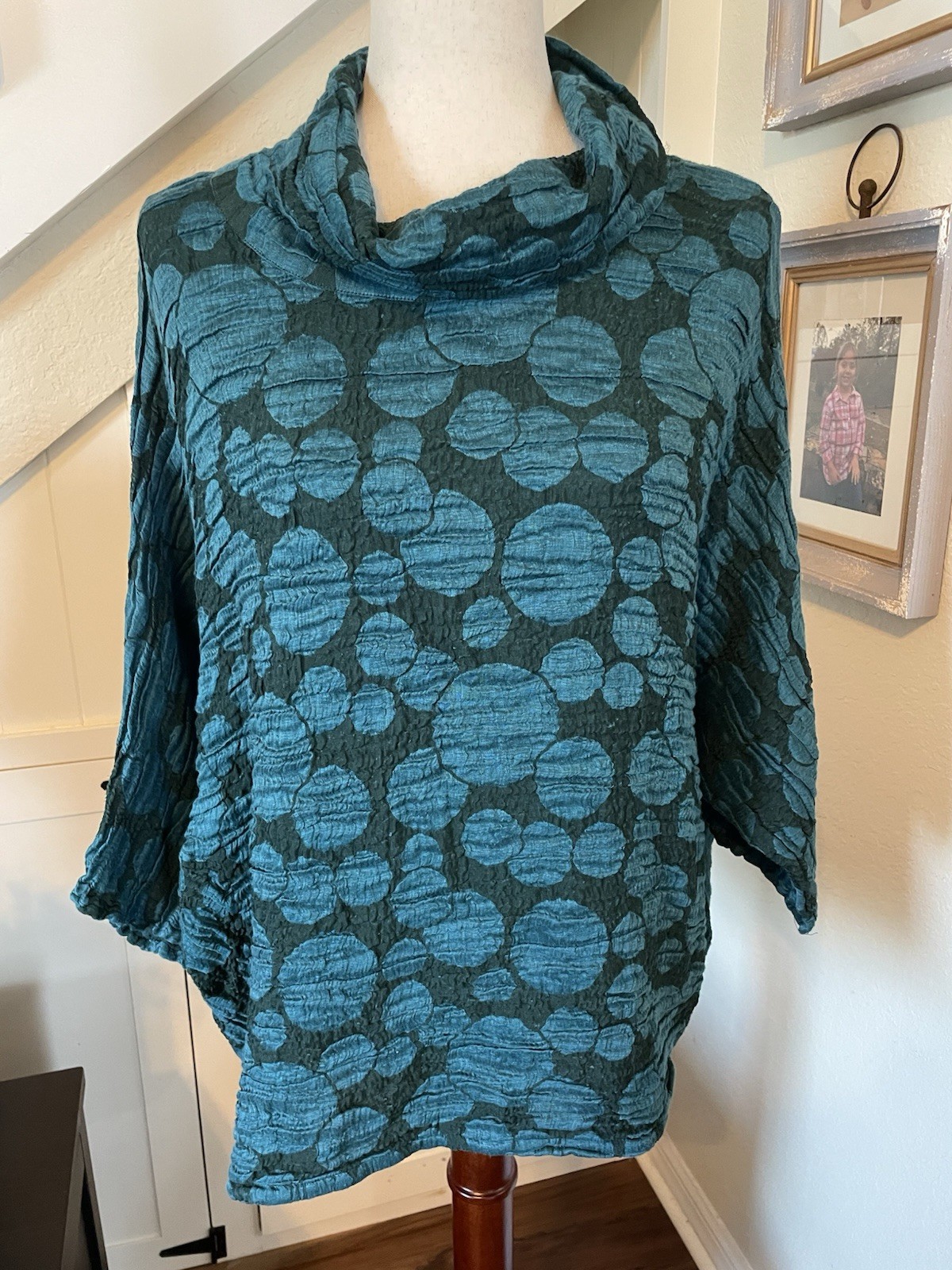Grizas Teal Blue Linen Silk Polka Dot Cowl Neck Crinkle Poncho Blouse Top XL