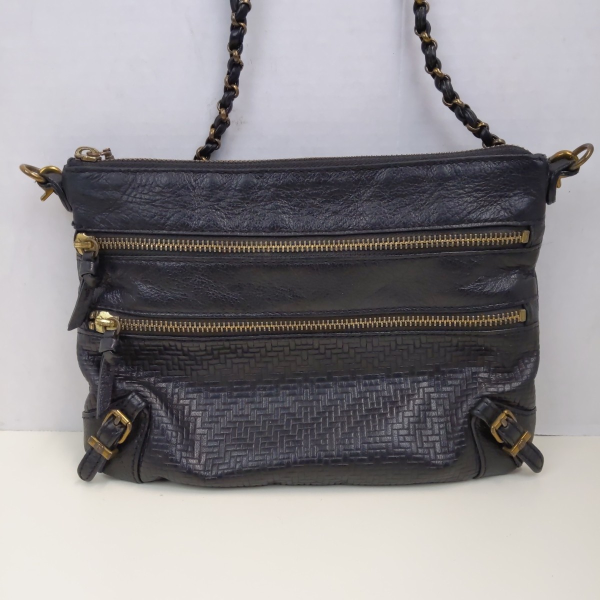 Elliott Lucca Black Leather Crossbody Shoulder Bag Multi Zip Pockets Chain Strap