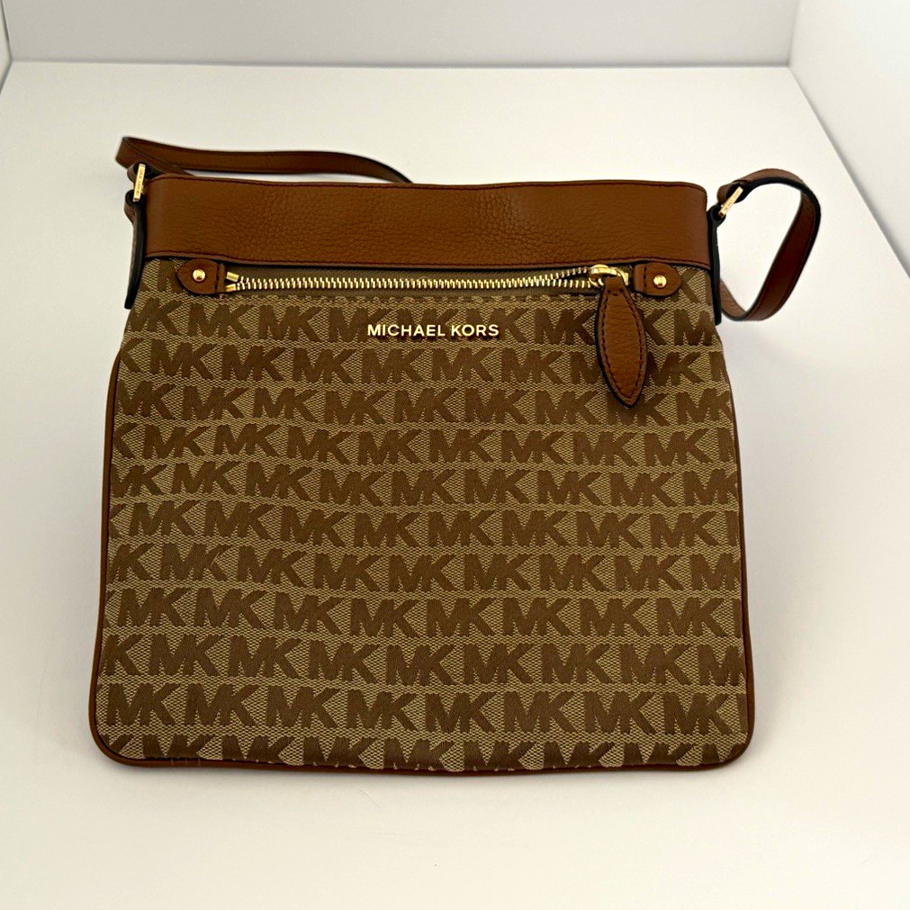 Michael Kors Signature MK Brown Monogram Small Crossbody Zip Gold Detach Strap
