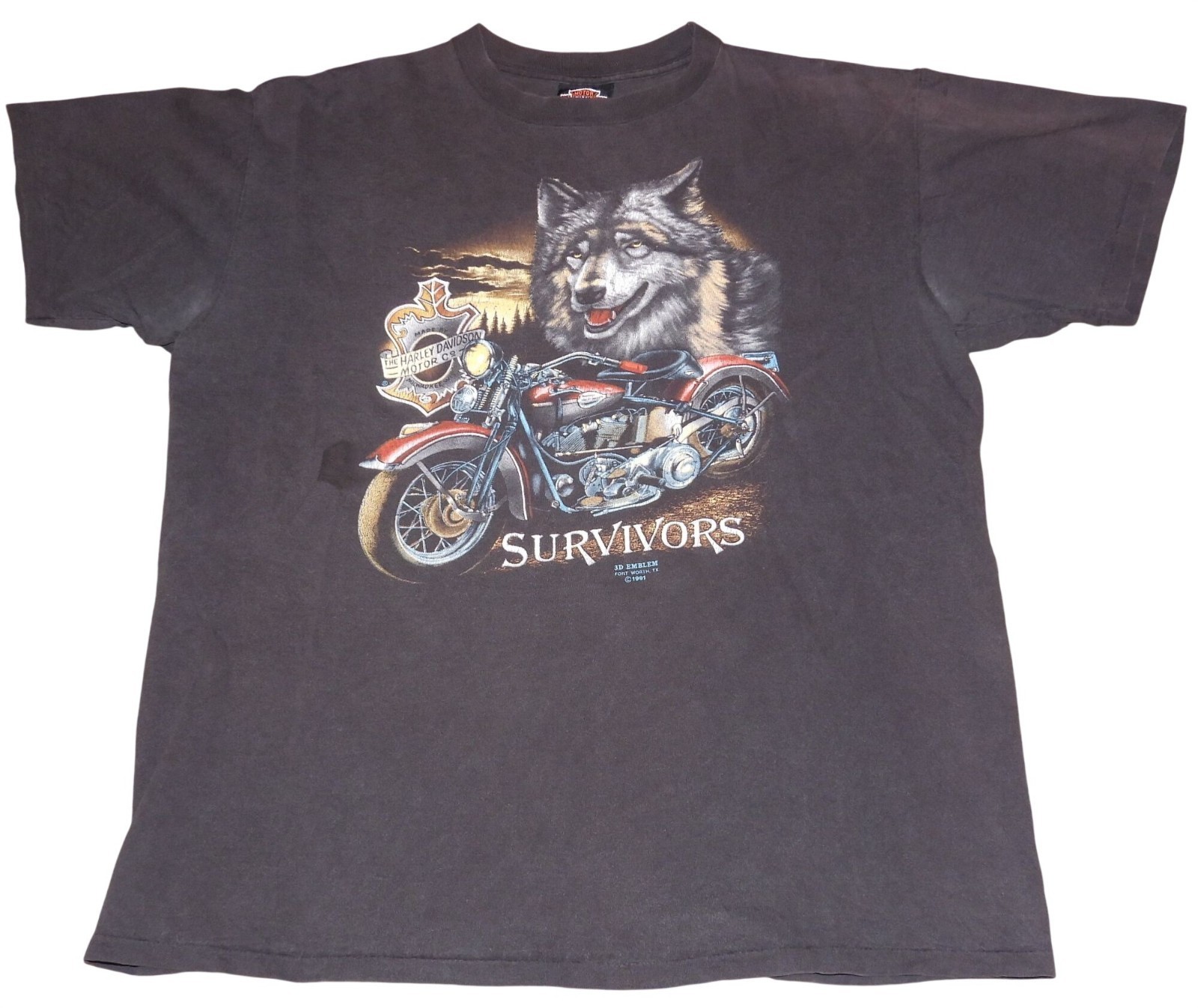 Vintage 1991 Harley Davidson 3D Emblem Survivors Wolf T-Shirt Men’s Size XL
