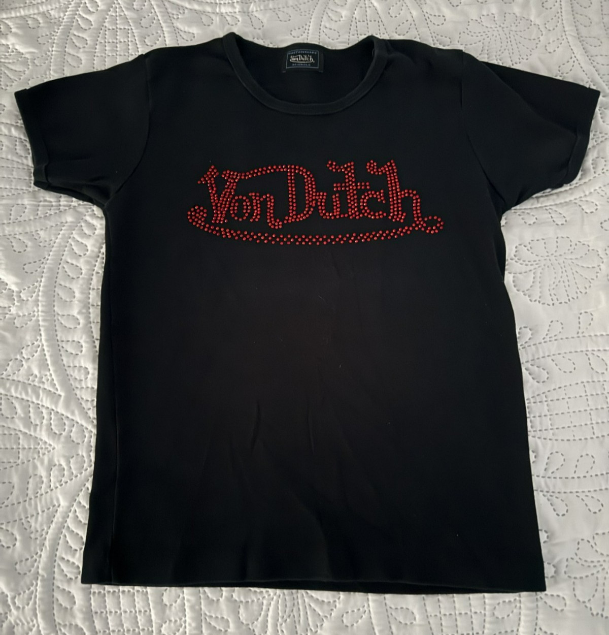Vintage Von Dutch Red Rhinestone Logo Black Y2K Graphic T shirt Size S