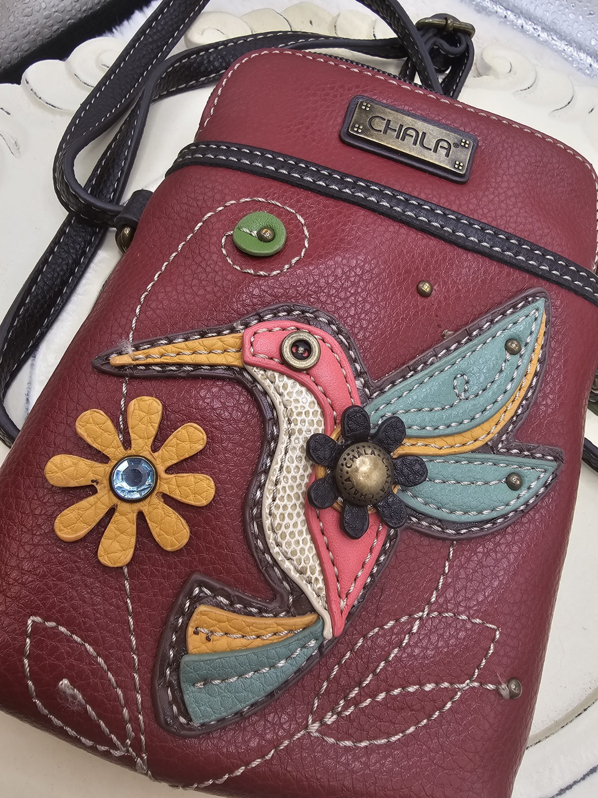 Chala Burgundy Bird Crossbody Bag Small Zip Closure Flower Charm