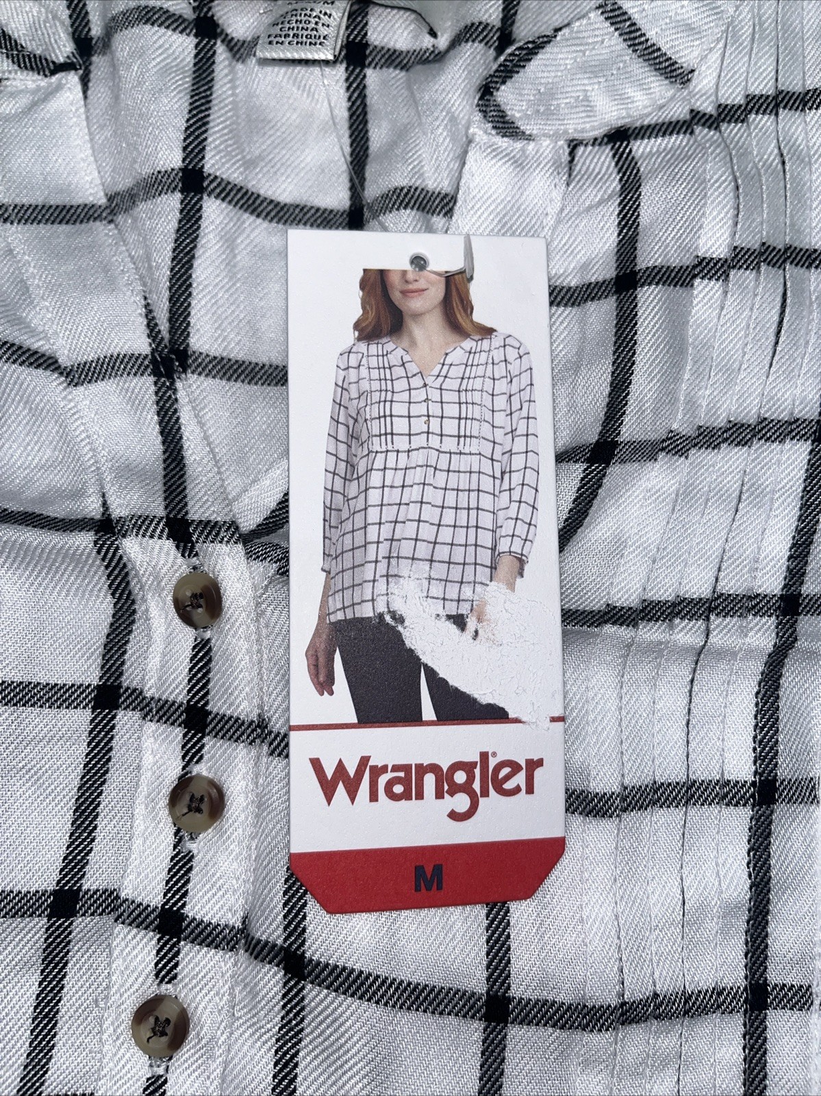 WRANGLER Ladies’ White Plaid Blouse 3/4 Bracelet Sleeves Sz XL
