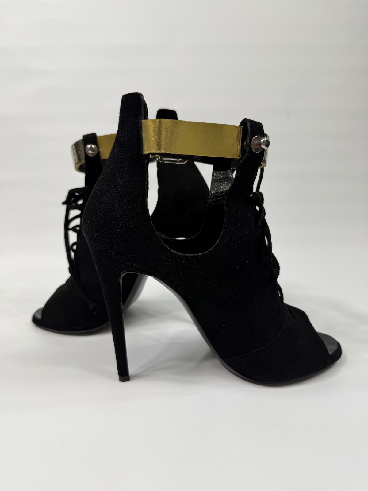Giuseppe Zanotti x Anja Rubik Black Suede Lace Up Peep Toe Heels Gold Strap 37