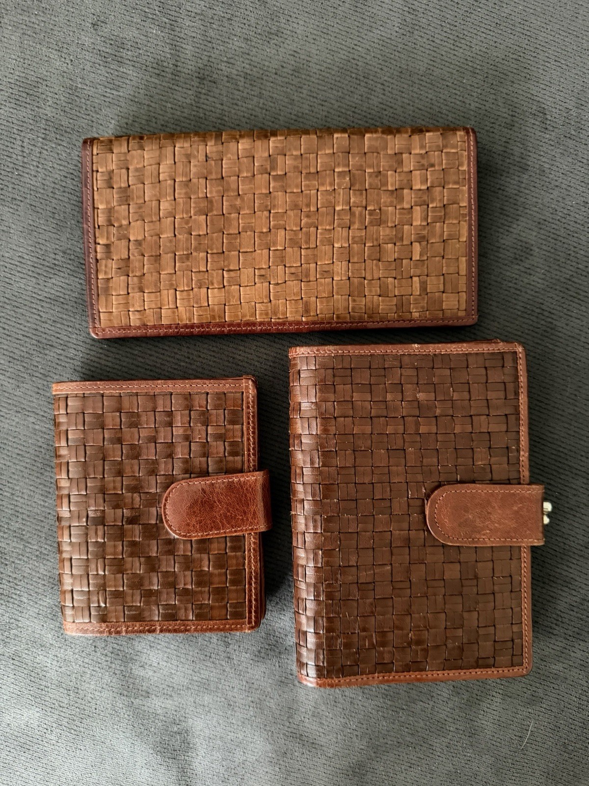 Vintage Neiman Marcus Italy Woven Brown Leather Set of 3 Wallet Check Card Case