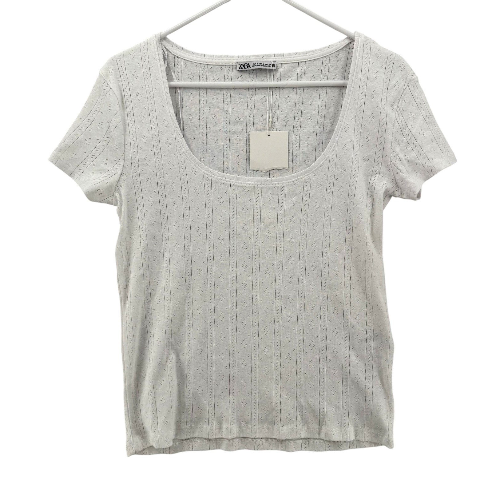 Zara Shirt Womens Small White Eyelet Knit Scoop Neck Short Sleeve Casual Top NWT