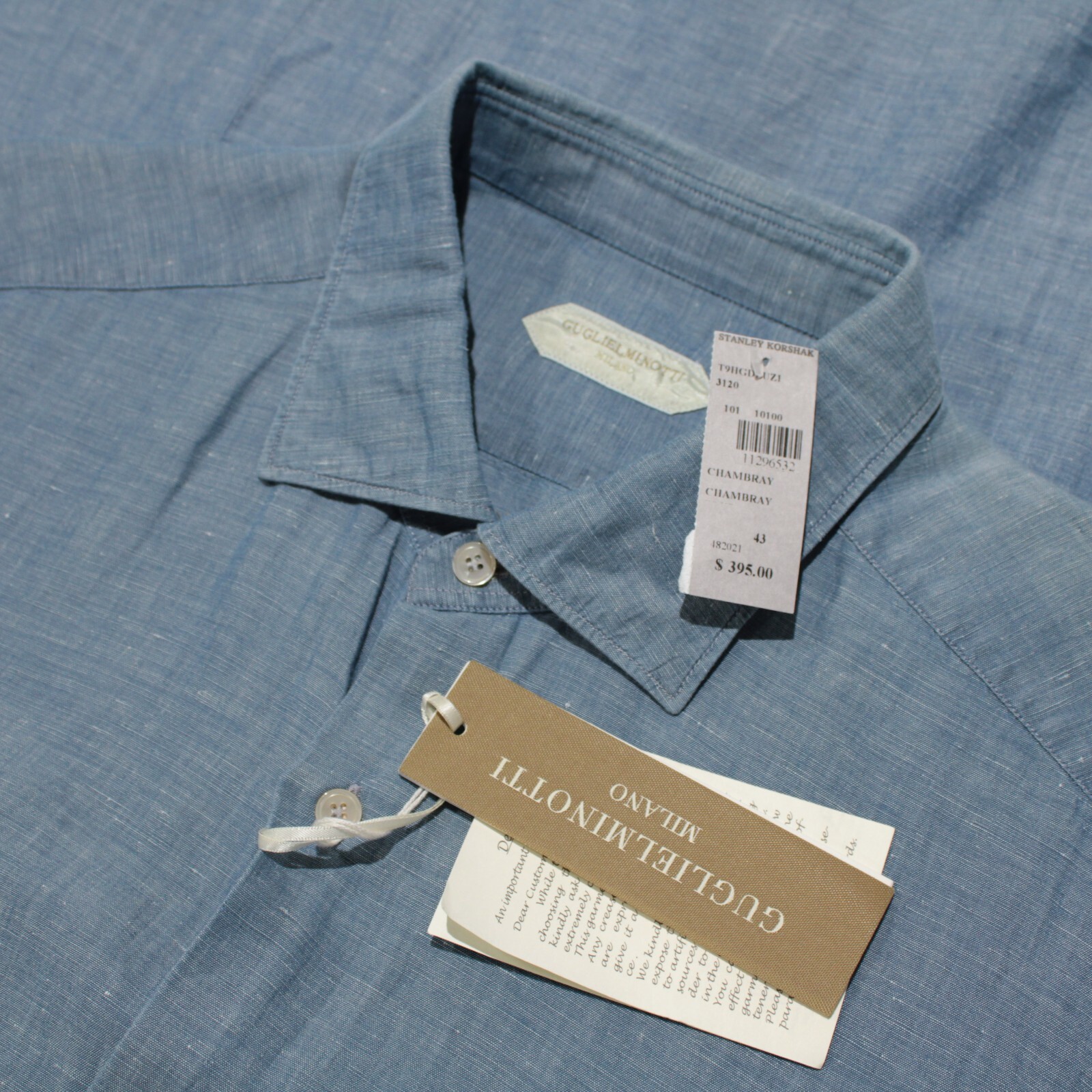 Guglielminotti NWD Linen / Cotton Blend Casual Shirt Size 17 / 43 In Chambray