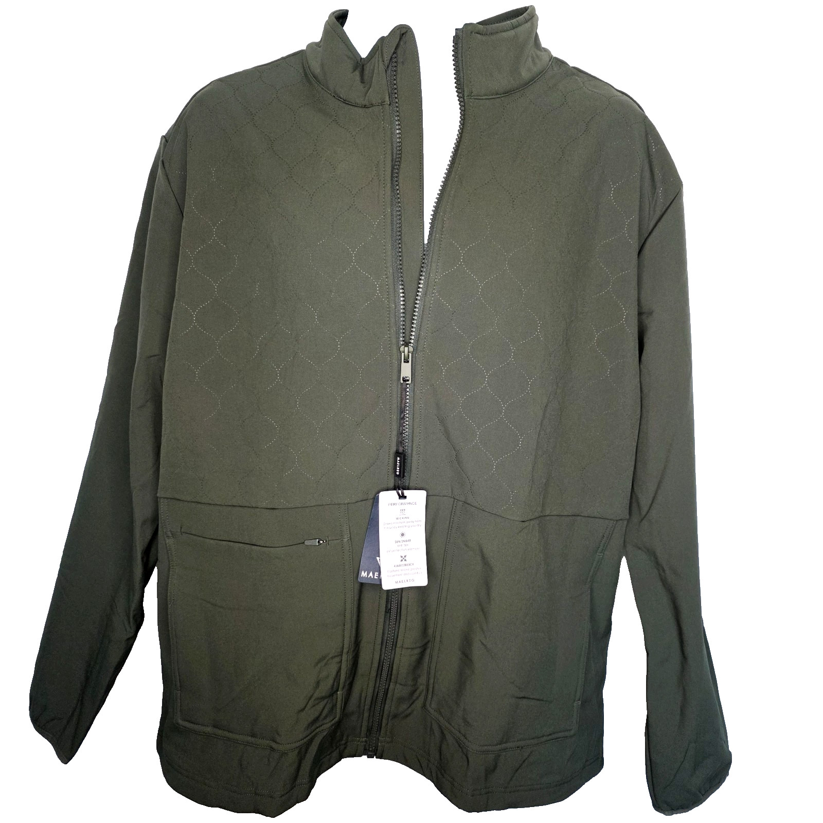 Mens XL Performance Jacket Full Zip Olive Green Zip Pockets Lined Stretch NWT