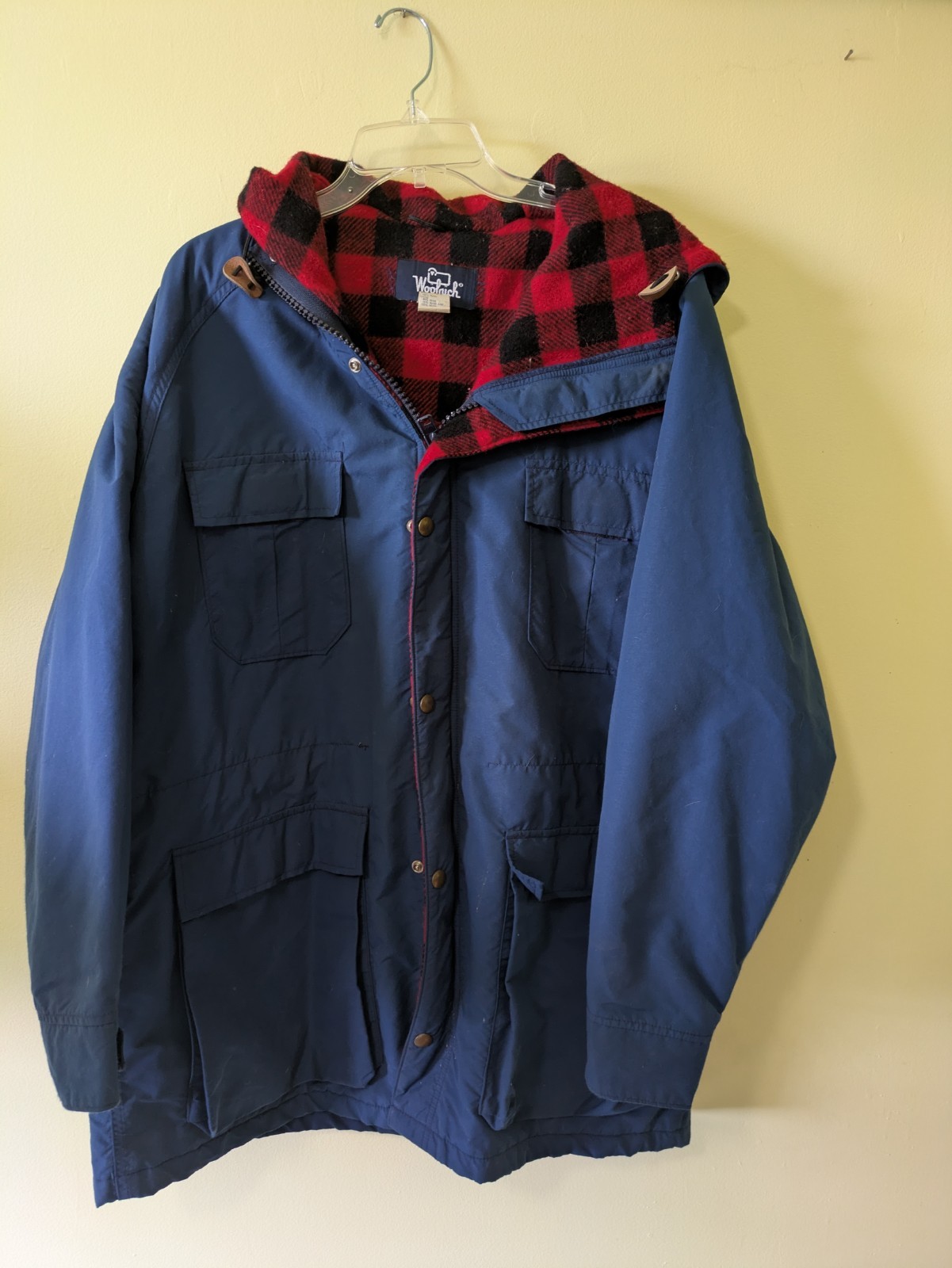 Woolrich Vintage Men’s Nylon Hooded Parka Jacket Plaid Lined Blue Size L