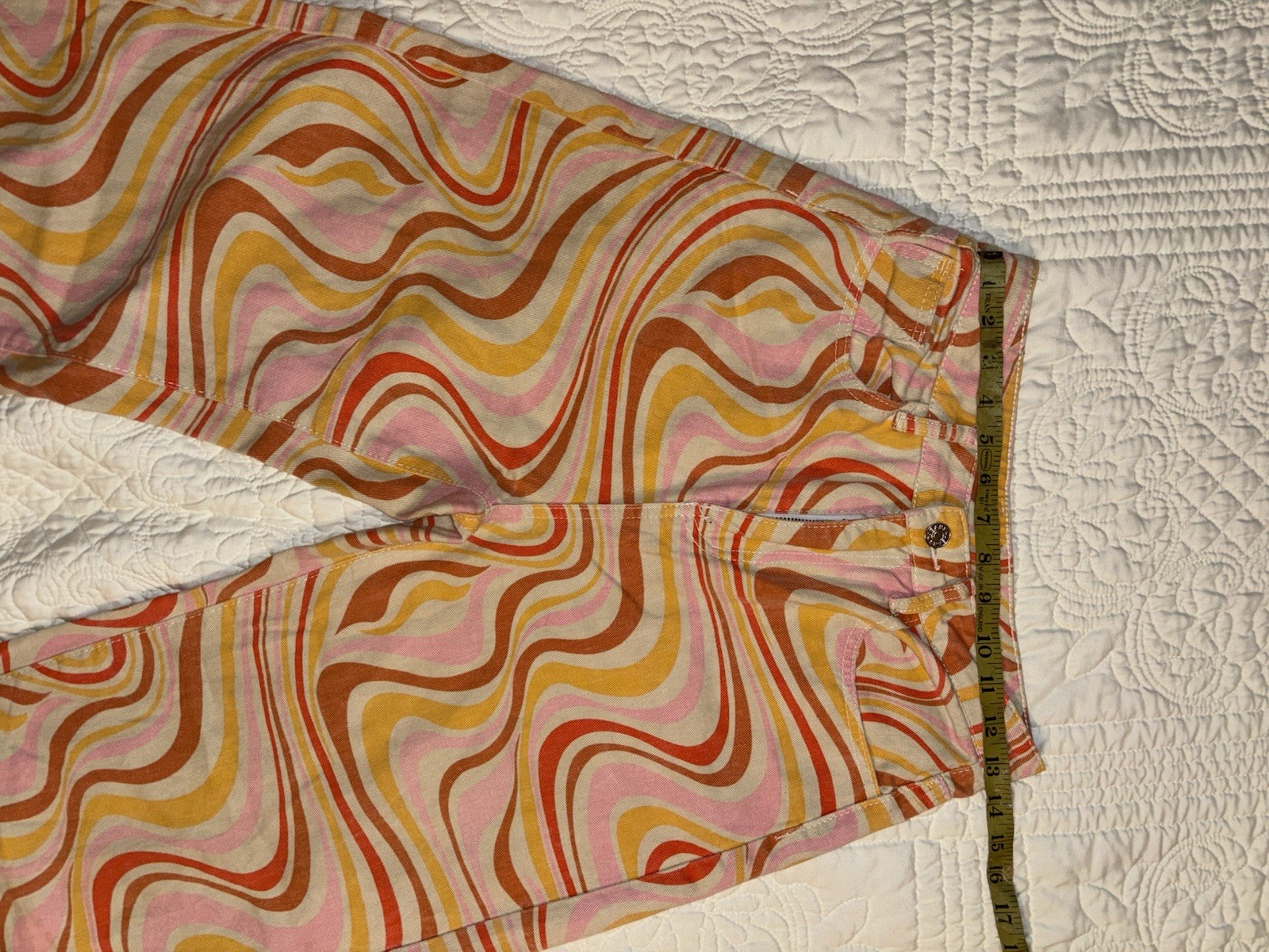 Women’s Large Jeans Retro Hippy 70’s Vibe Psychedelic Orange Swirl