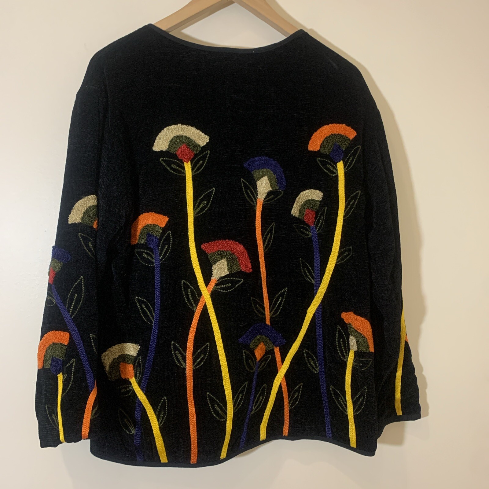 Keren Hart Womens Chenille Sweater Small Black Floral Embroidered Toggle Closure