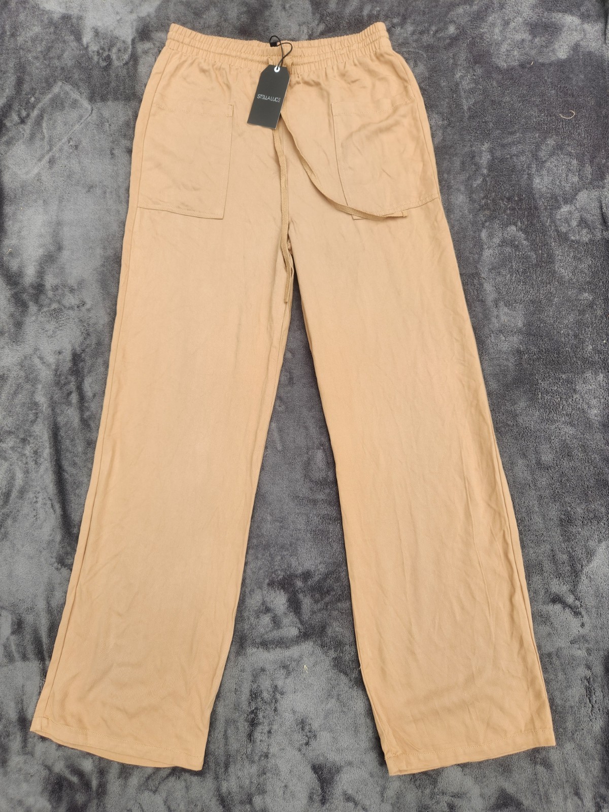 Stella Luce Womens Large Wide Leg Lounge Pants Tan Brown Drawstring NWT Elastic