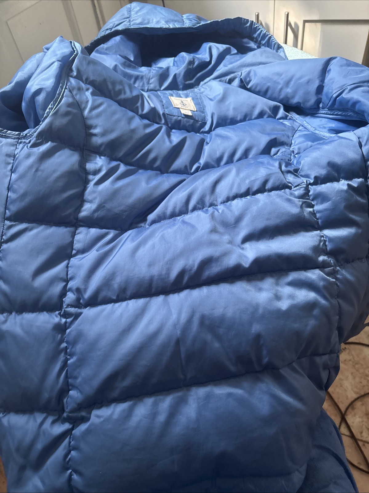 LAND’S END HOODED~80% DOWPUFFY JACKET KIDS~SZ M10-12~SKY BLUE ~3 ZIPPED POCKETS.