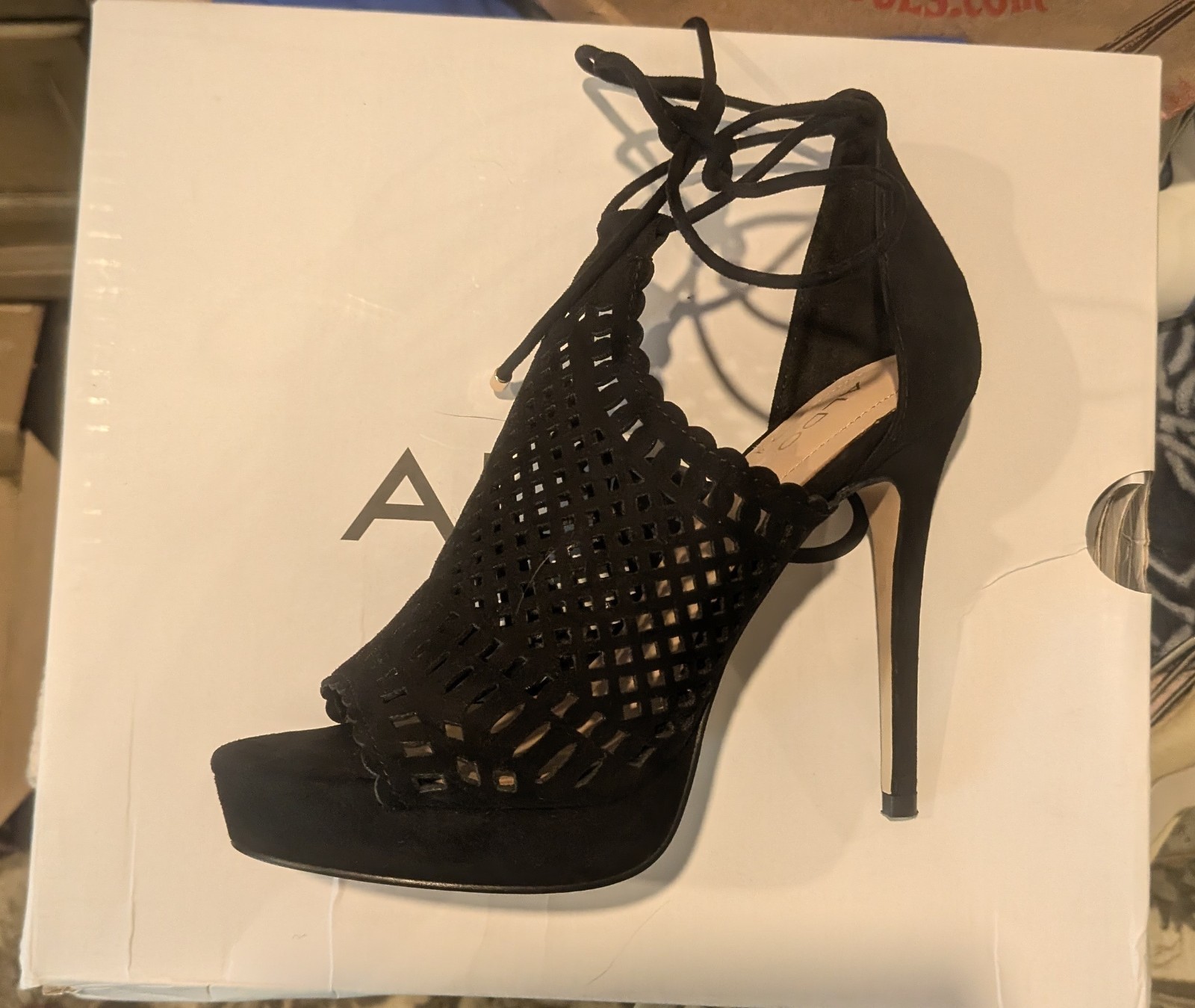 ALDO Women’s Black Suede Strappy Open Toe Lace-Up Cut-Out Stiletto Heel 6