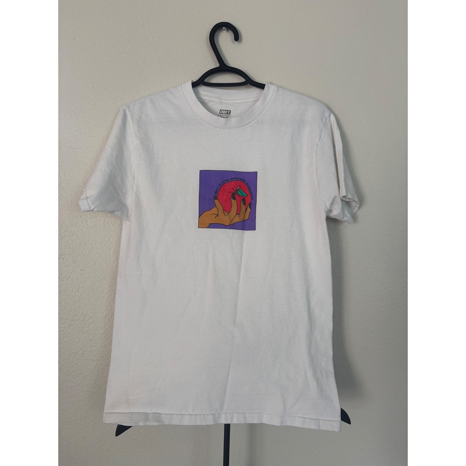 Obey Mens White A Little Knowledge Is Dangerous Apple Graphic T-Shirt Small