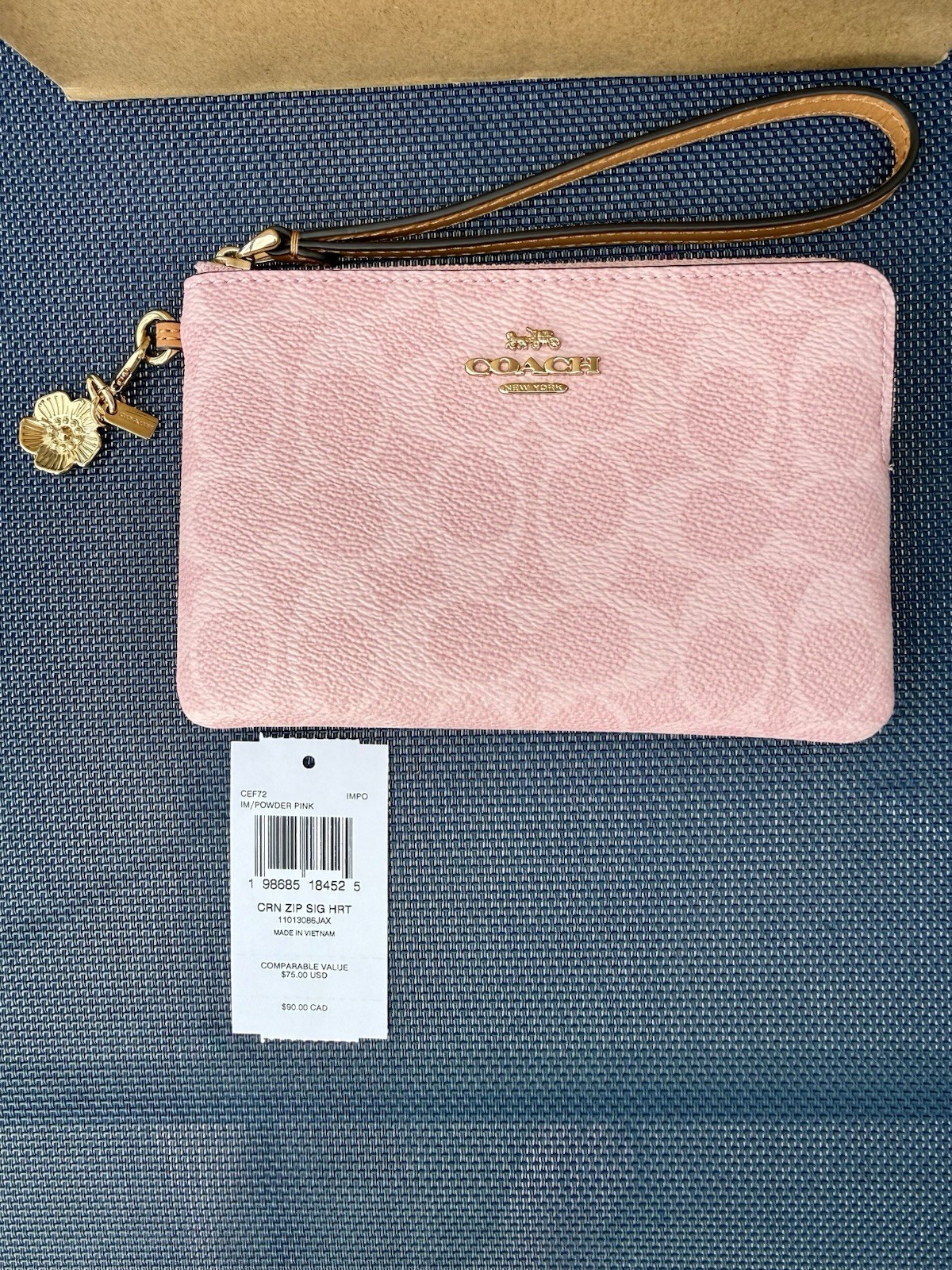 NWT COACH CEF72 Corner Zip Wristlet Signature Canvas with Charm Gold Powder Pink