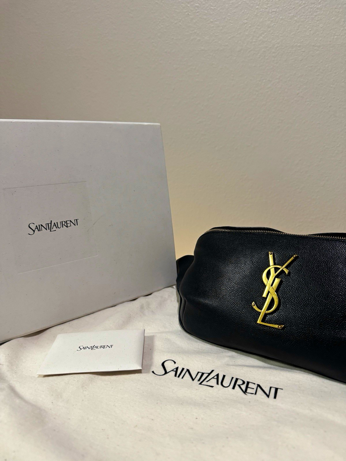 Saint Laurent YSL Cassandre Black Grained Leather Belt Bag Gold Hardware Box