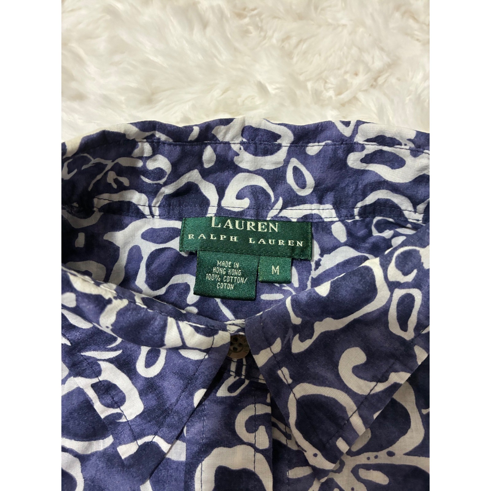 Lauren Ralph Lauren Blue White Floral Batik Cotton Short Sleeve Button Down M