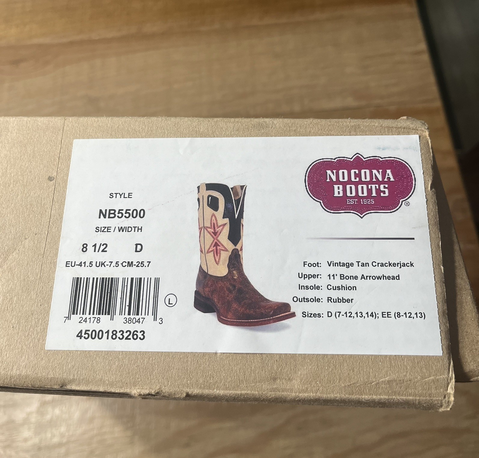 NOCONA Men’s Size 8.5 D Square Toe Vintage Tan Crackerjack Western Boots unused