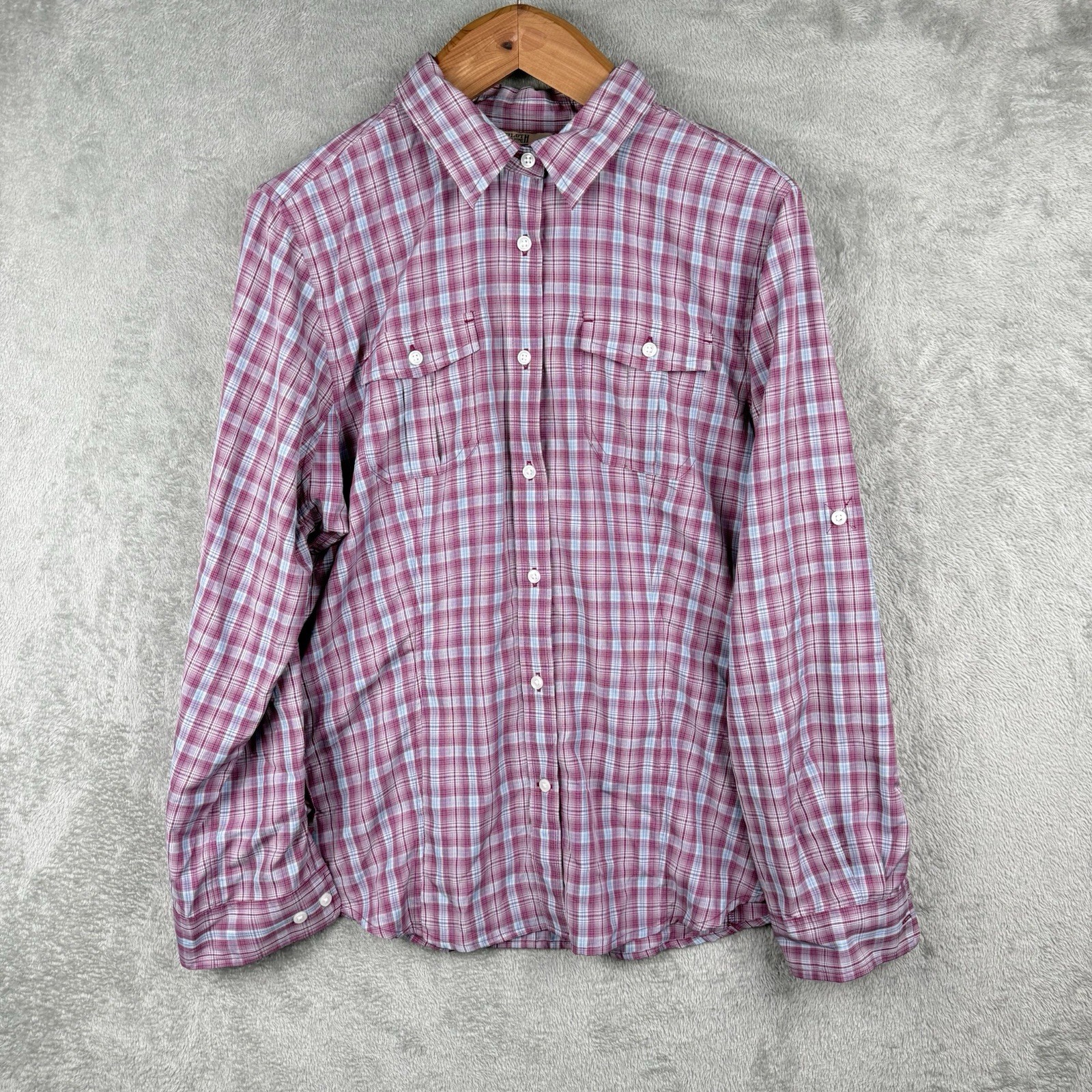 Duluth Trading Co Button Up Shirt Womens XL Purple Plaid Nylon Poly Blend Vented