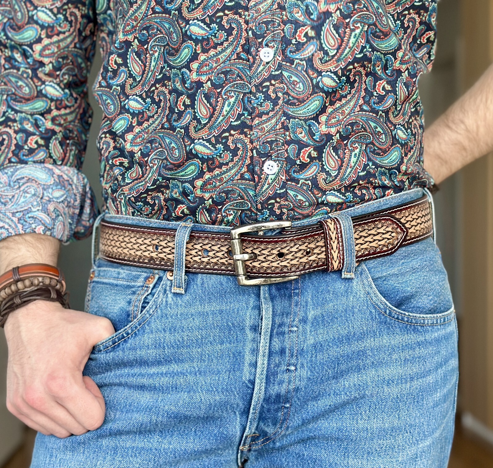 Men’s Belt Full Grain Leather Strap With Removable Buckle Western Belt 1.5″ Wide
