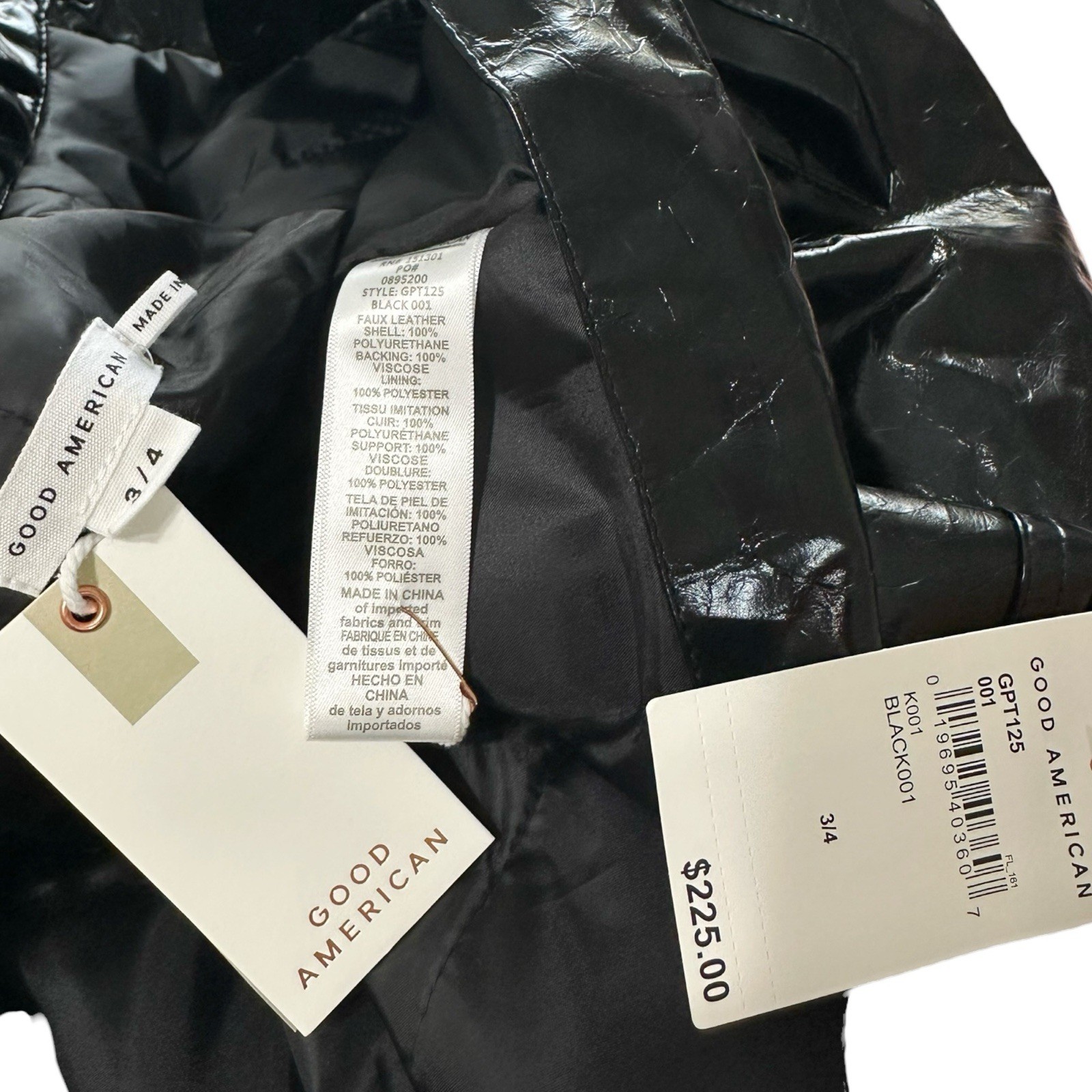 $225 NWT GOOD AMERICAN Faux Crinkle Leather Oversized Puffer Jacket, Black, L/XL