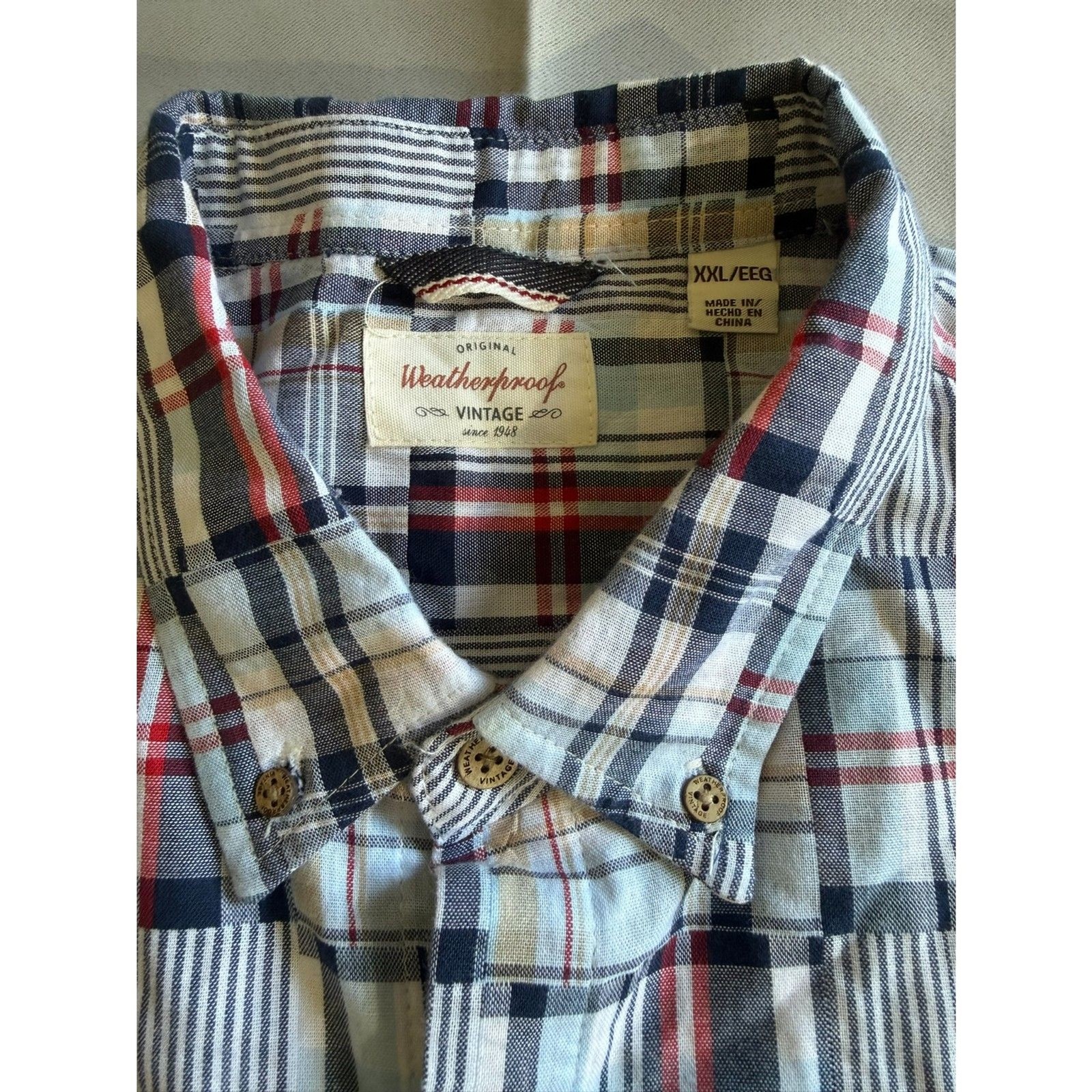 Men’s Weatherproof Vintage Red White & Blue Plaid Patchwork Button Down Size XXL