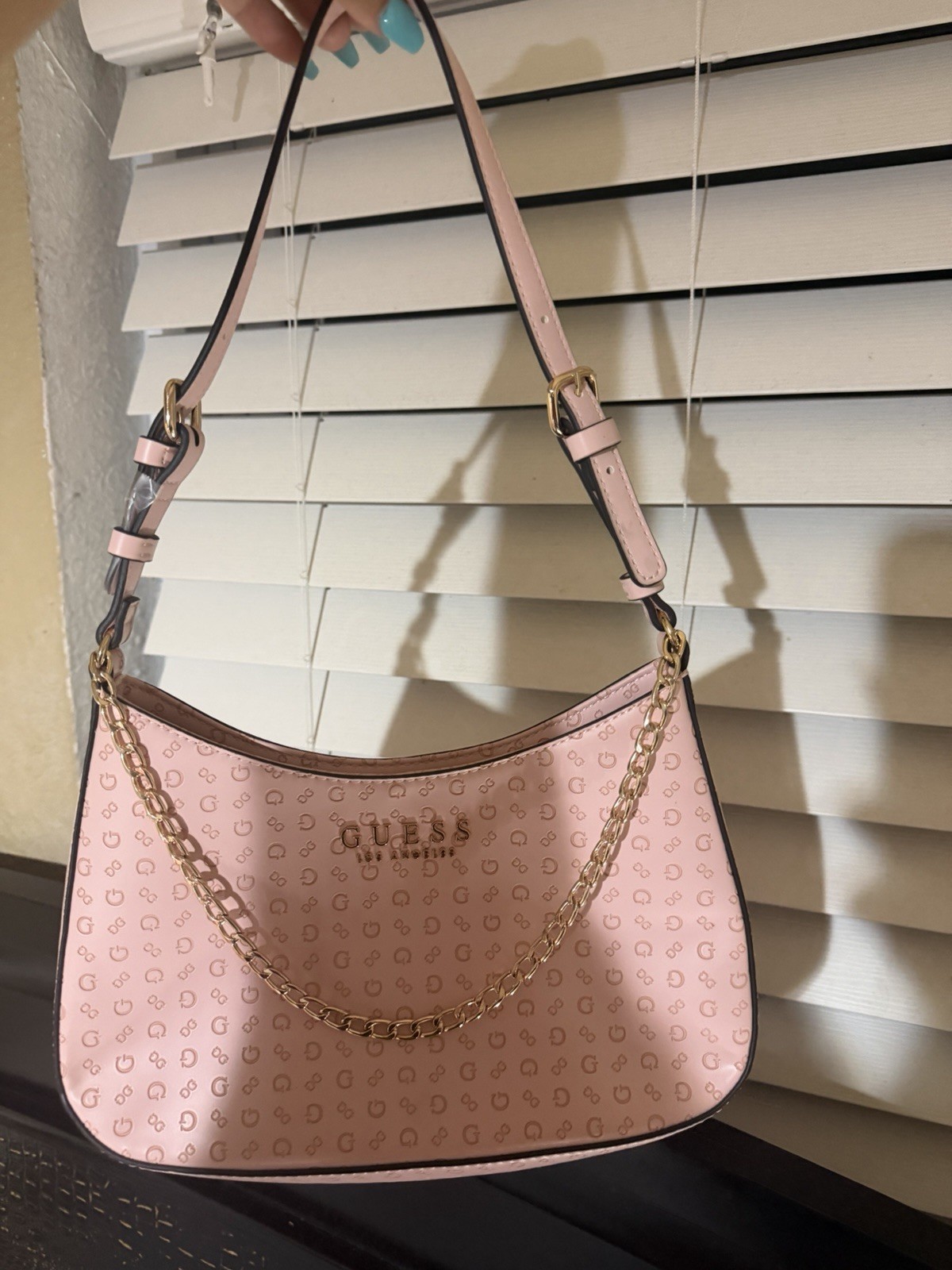 GUESS Pink Logo Print Shoulder Bag w/ Gold Chain, Detachable Strap