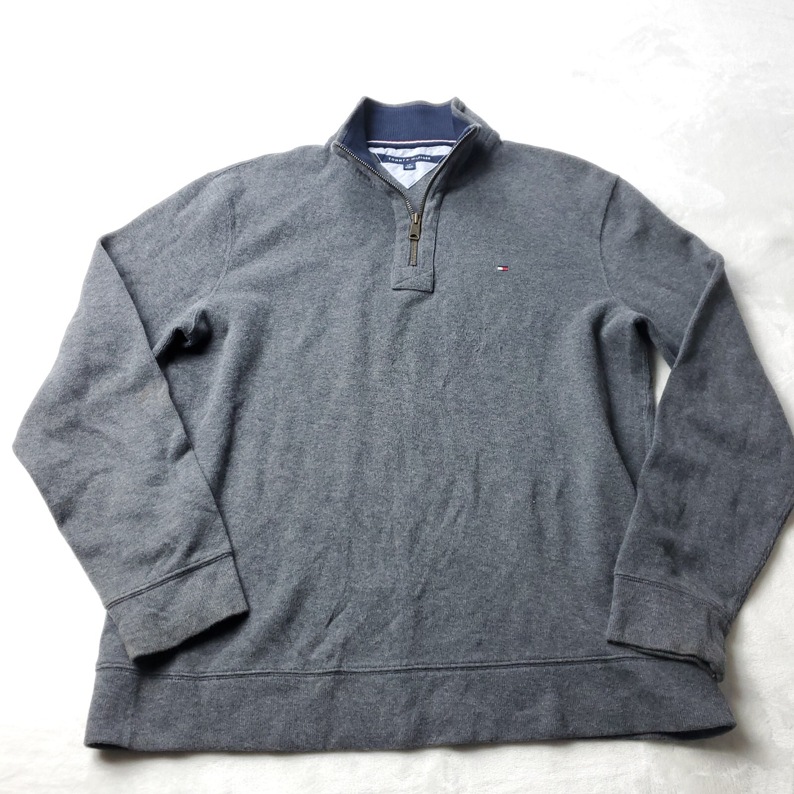 Tommy Hilfiger Sweater Mens L Large Gray Pullover Zip Up Cotton Casual Preppy