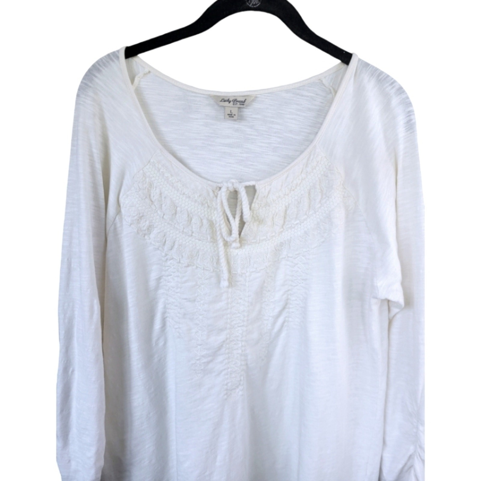 Lucky Brand Sz L Embroidered Cotton Peasant Cottagecore Blouse Top Cream